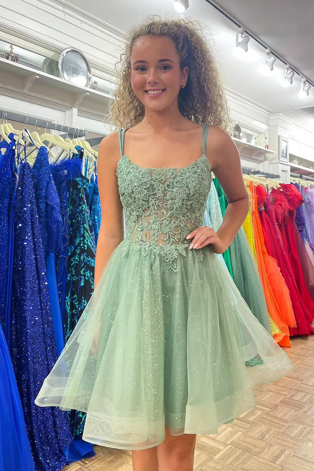 Sparkly Mint A Line Corset Short Homecoming Dress/Mini Dress with Lace