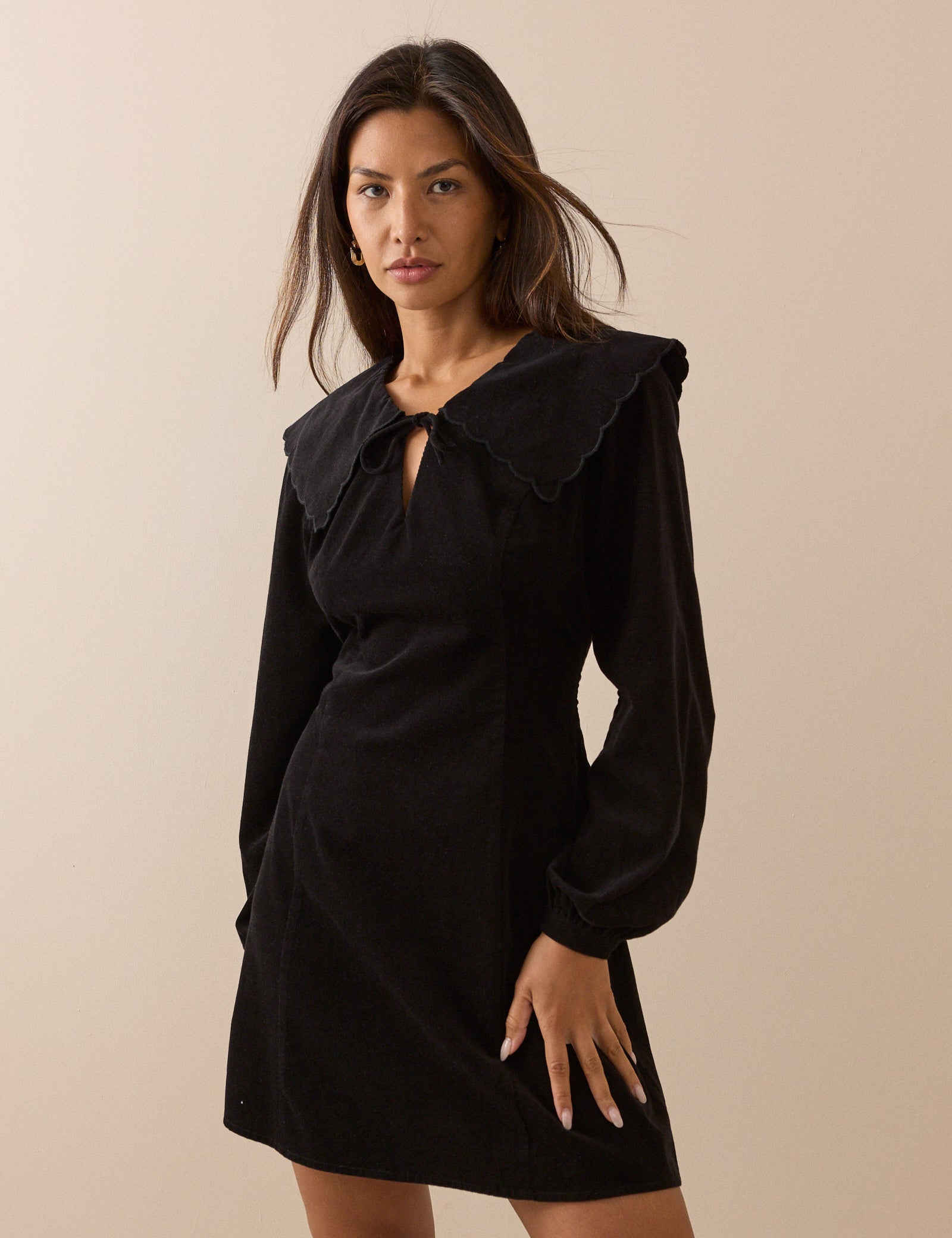 Black Oversized Collar Cord Hannah Mini Dress