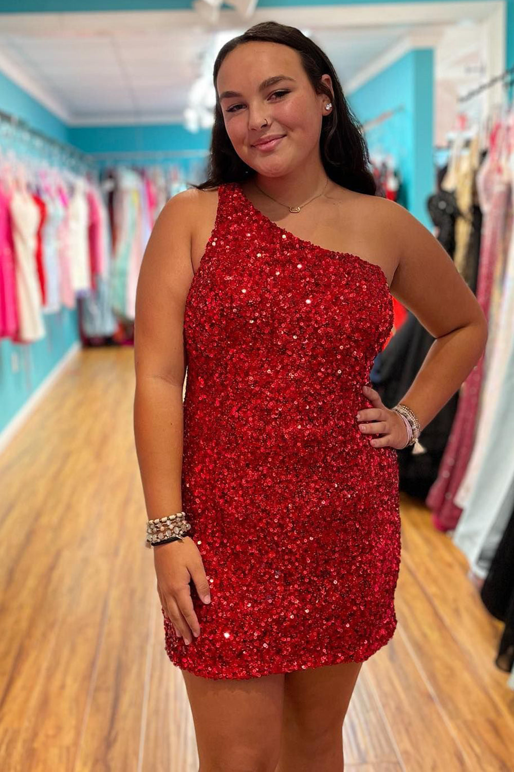 Sparkly Dark Red Sequins One Shoulder Tight Short Homecoming Dress/Mini Dress