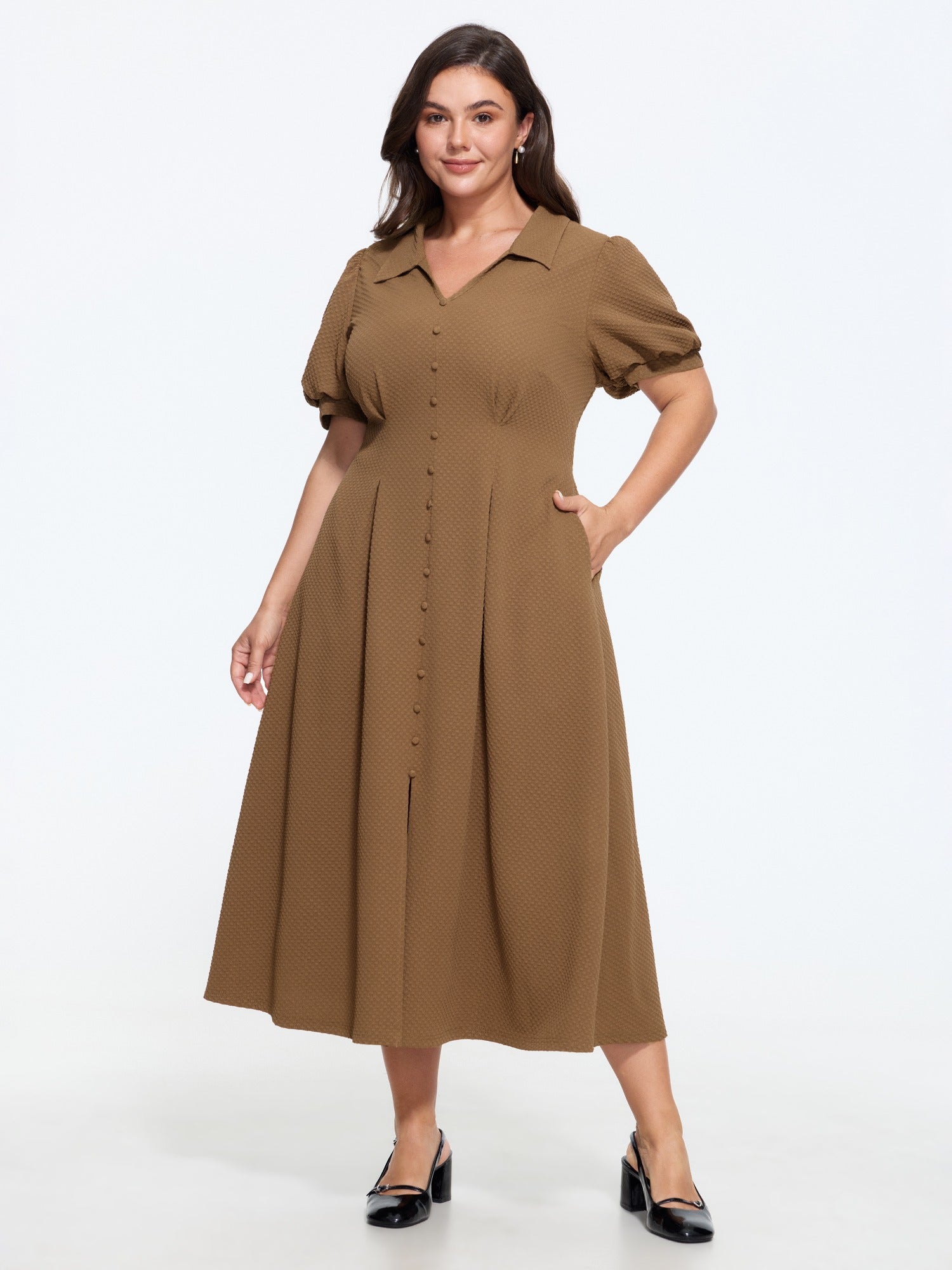 Textured Button Detail Placket Midi Dress