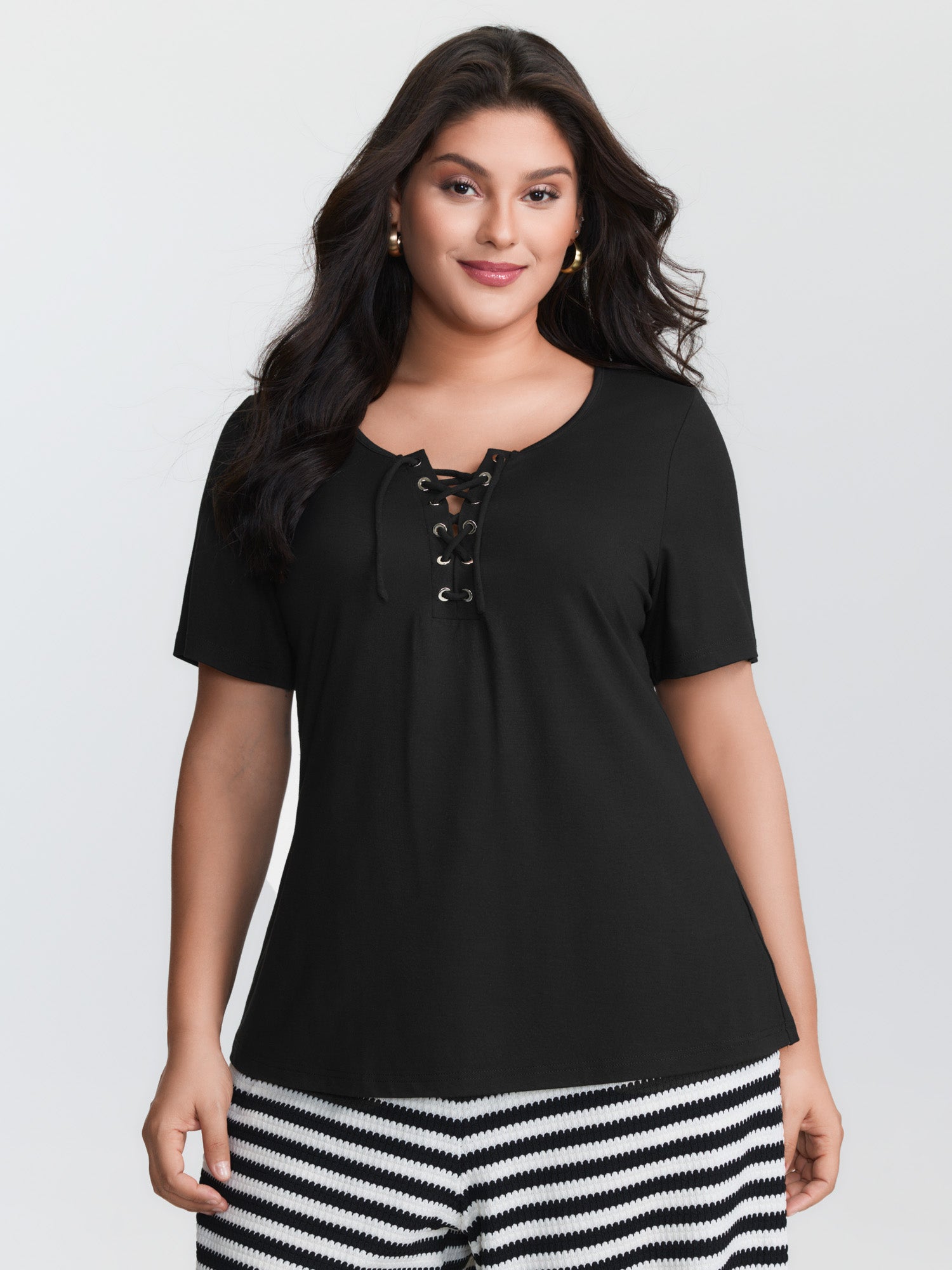 Cross Tie Neckline Plain T-Shirt