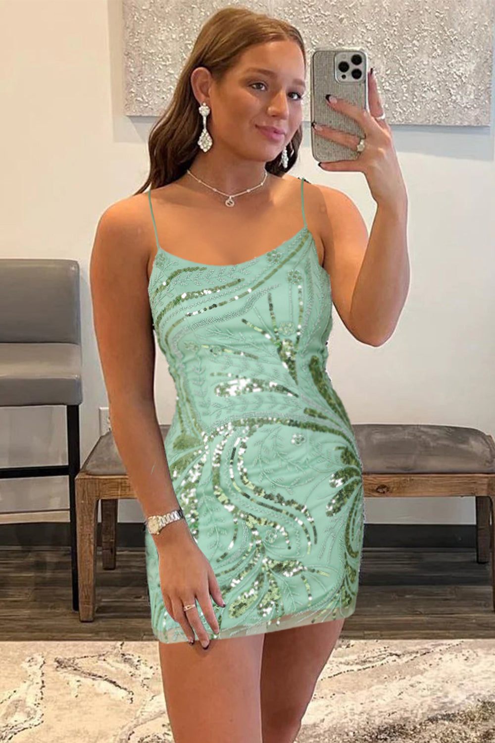 Glitter Green Sequins Tight Beaded Short Homecoming Dress/Mini Dress