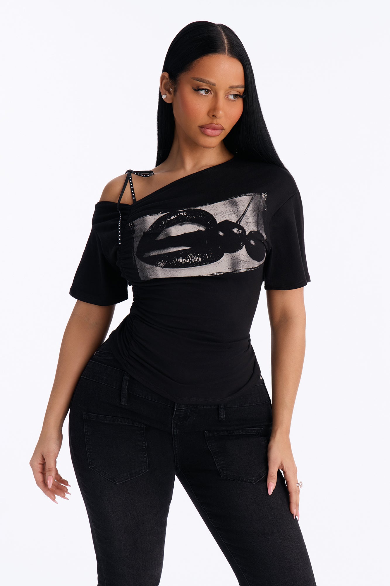 Lips Like Cherry Off Shoulder Top - Black