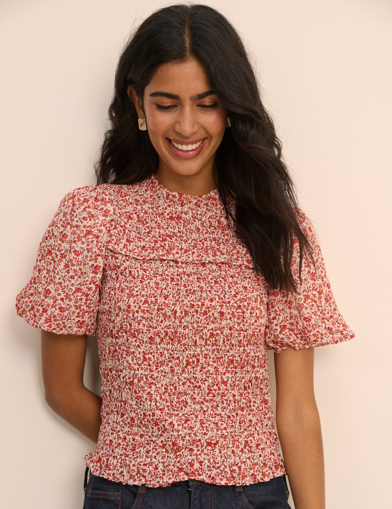 Red Floral Puff Sleeve Shirred Nicola Top