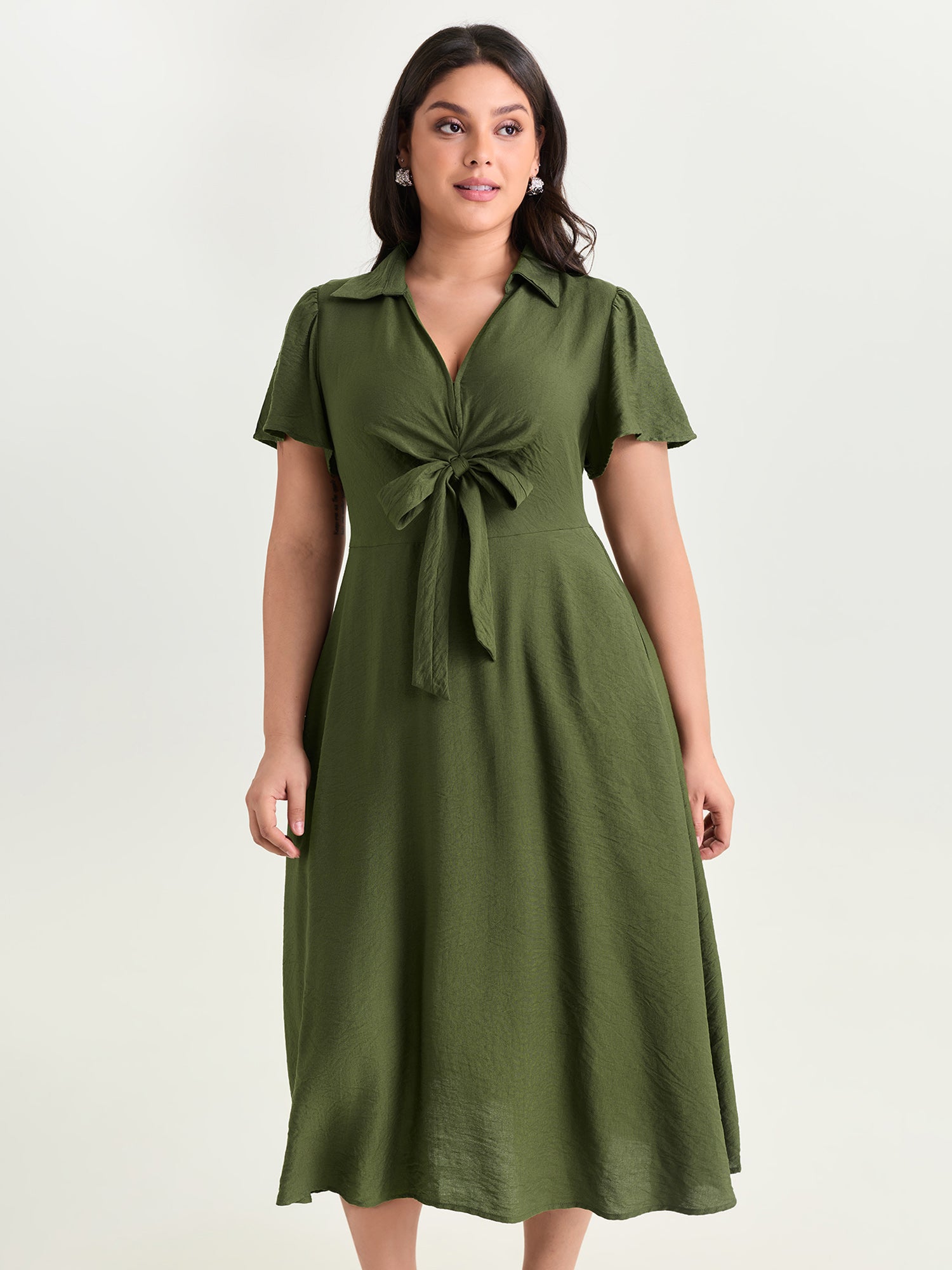 Knotted Front Collar Plain Midi Dress