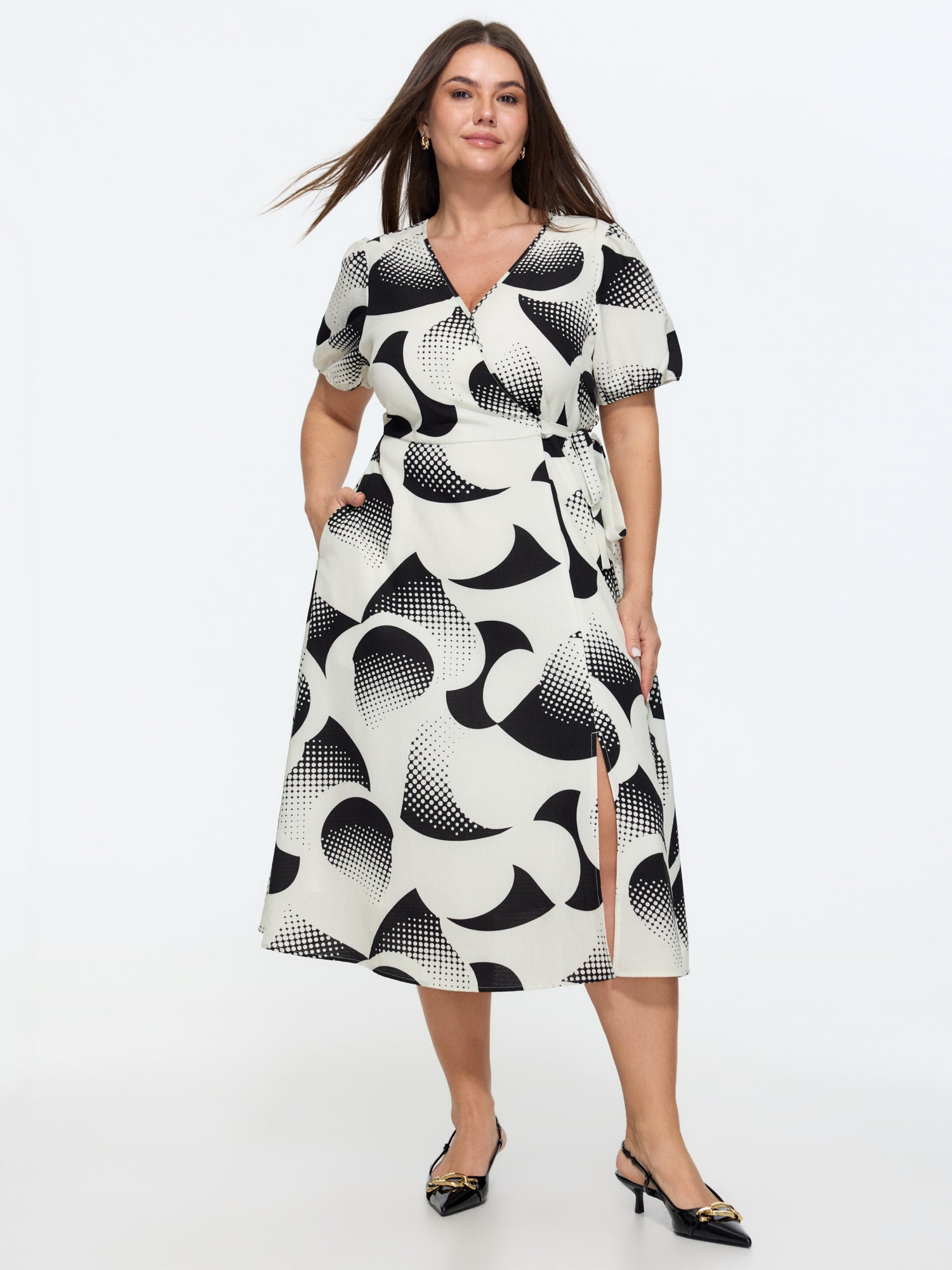 Geometric Print Side-Tie Pockets Midi Dress