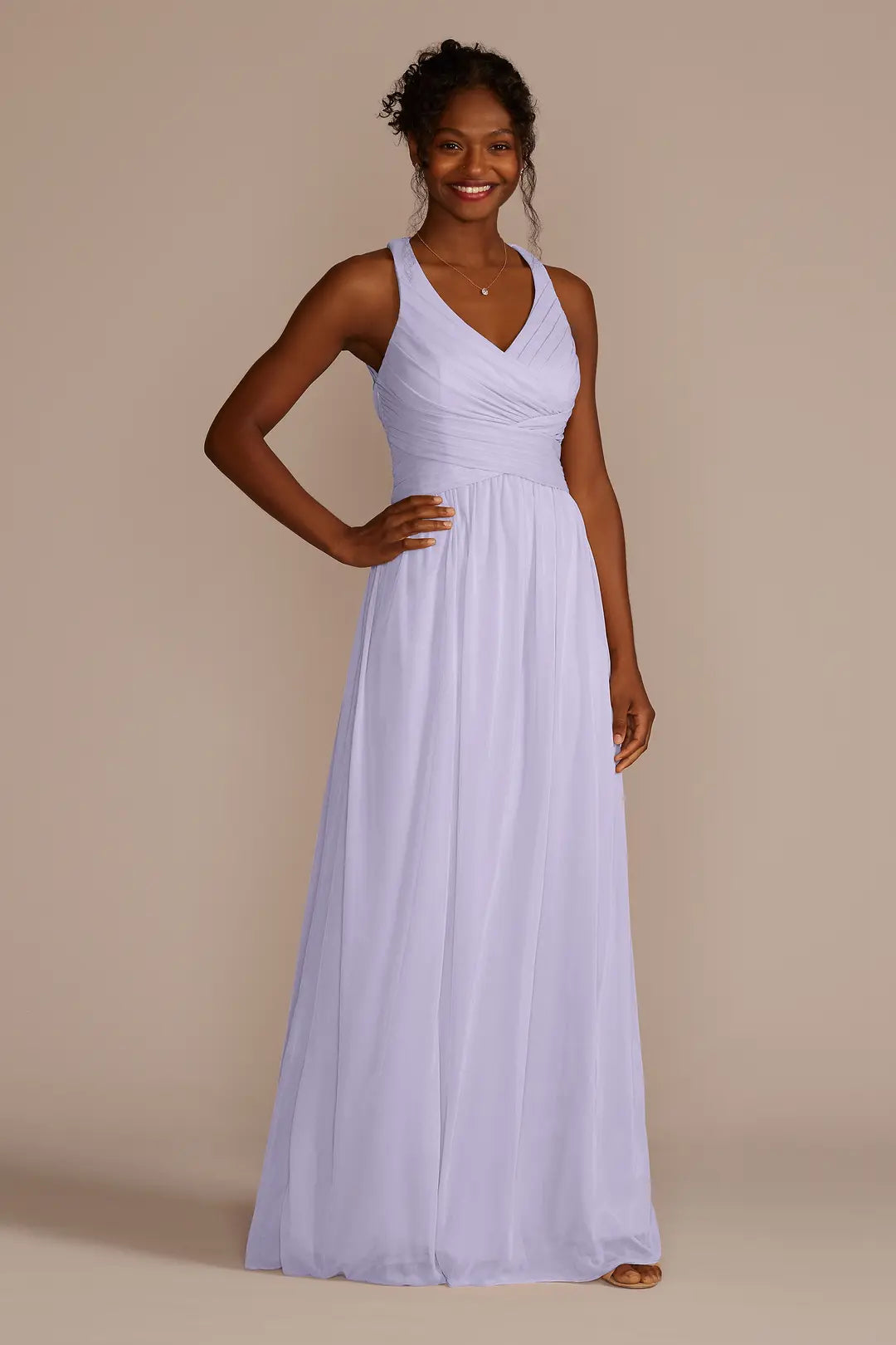 Mesh Long Bridesmaid Dress with Crisscross Back
