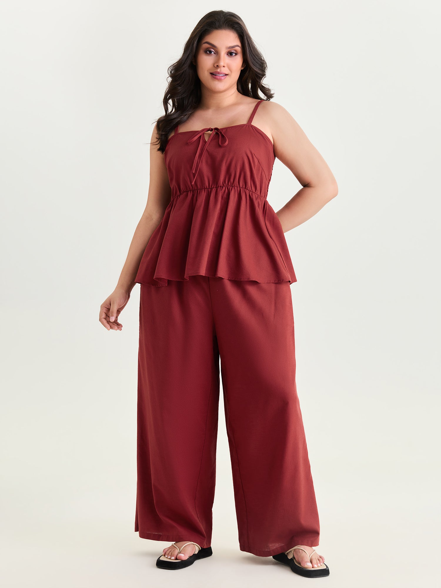 Cotton Linen Drawstring Waist Plain Pants