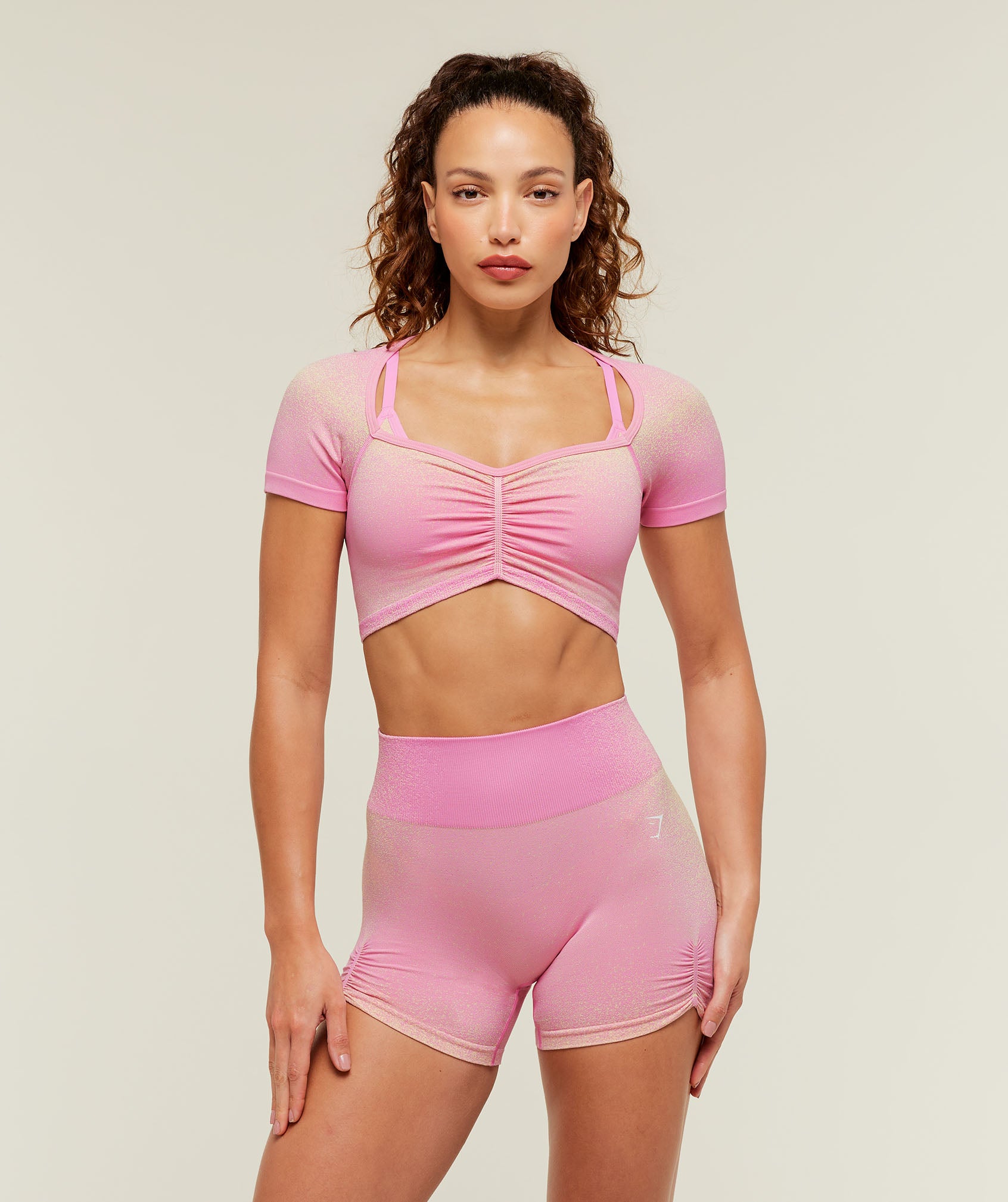 Gymshark Blush Seamless Short Sleeve Top - Focus Pink/Sorbet Yellow