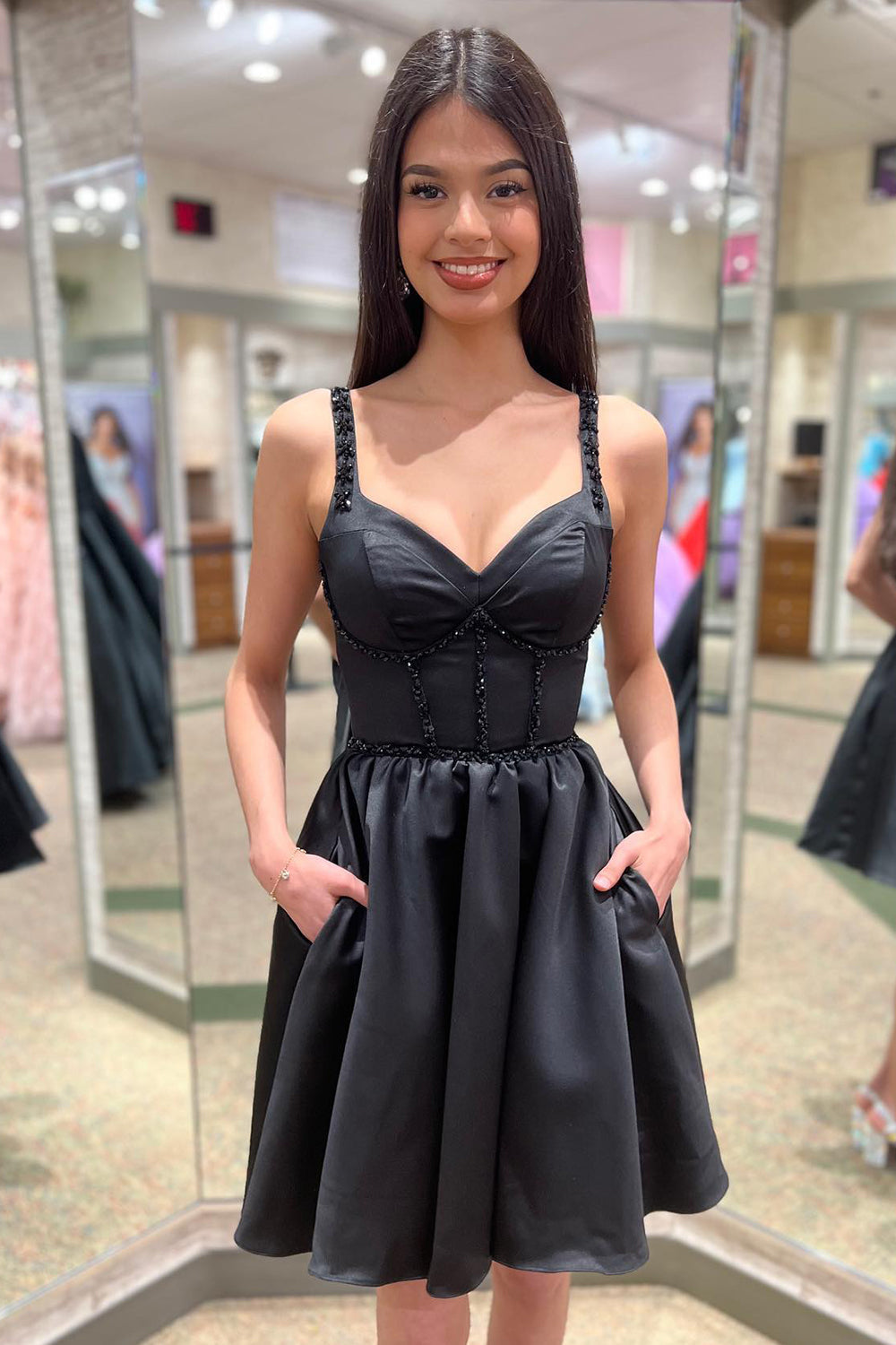 Sparkly Black Beaded A-Line Corset Short Homecoming Dress/Mini Dress with Pockets