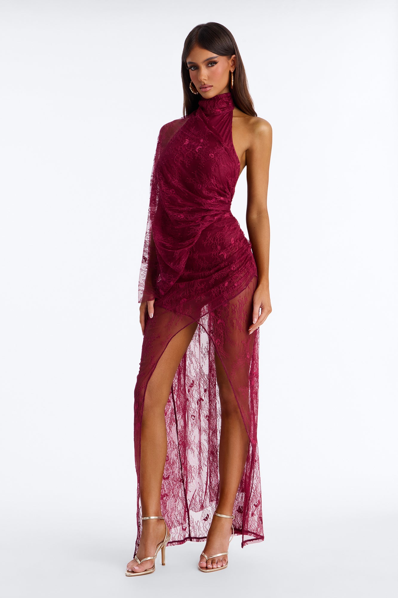 Emilia Draped Lace Maxi Dress - Burgundy