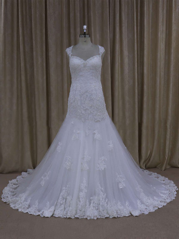 Fashionable Backless Tulle Trumpet Sweetheart Sleeveless Wedding Dresses with Chapel Train
