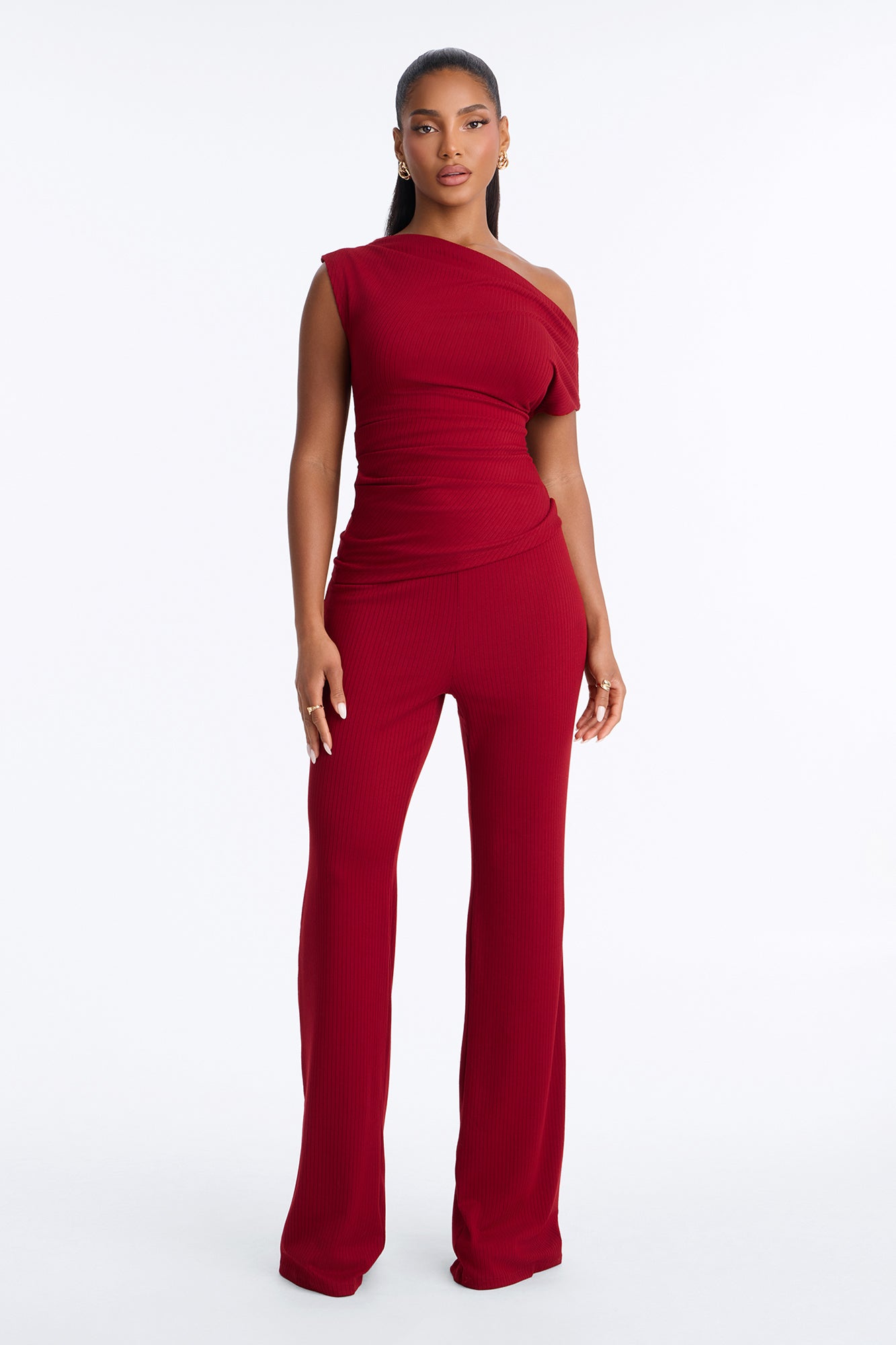 Karina Off Shoulder Ribbed Pant Set - Burgundy