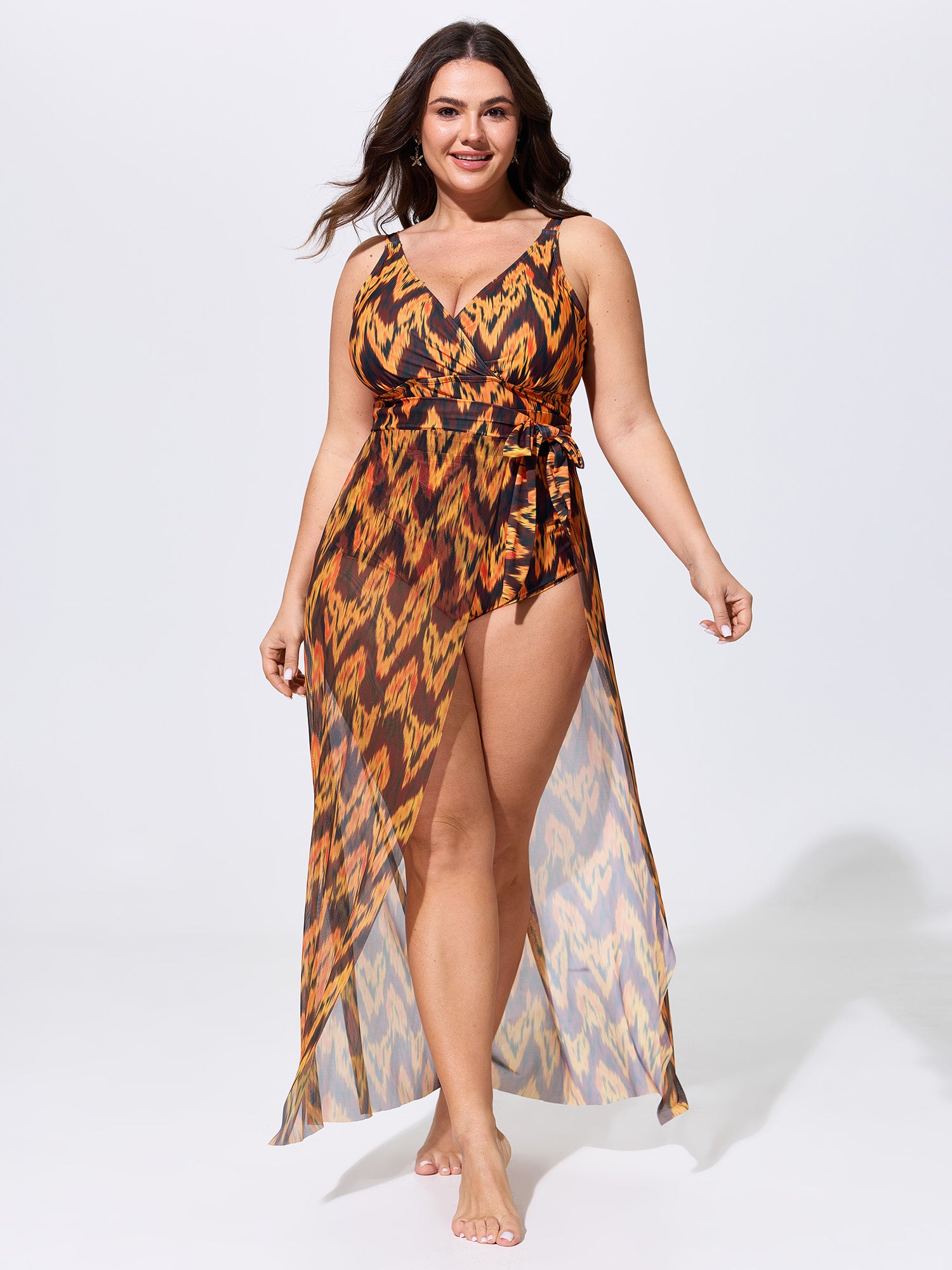 Sarong Geometric Print One-Piece Swim Set