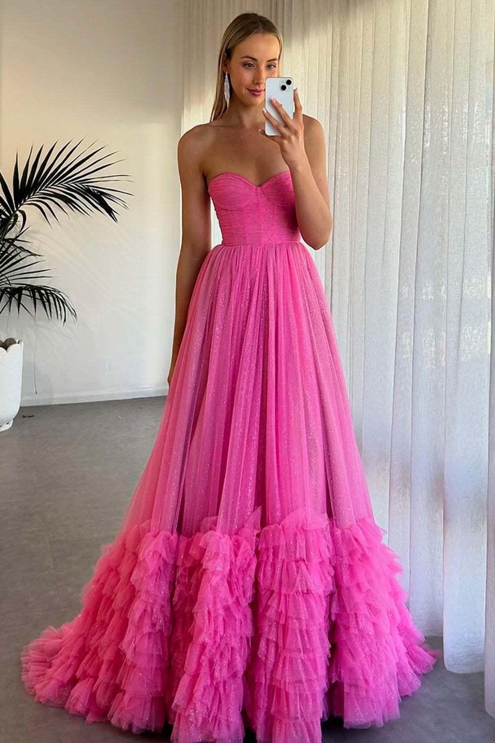 Long A-Line Corset Prom Dress in Fuchsia with Sweetheart Tulle and Ruffled Slit