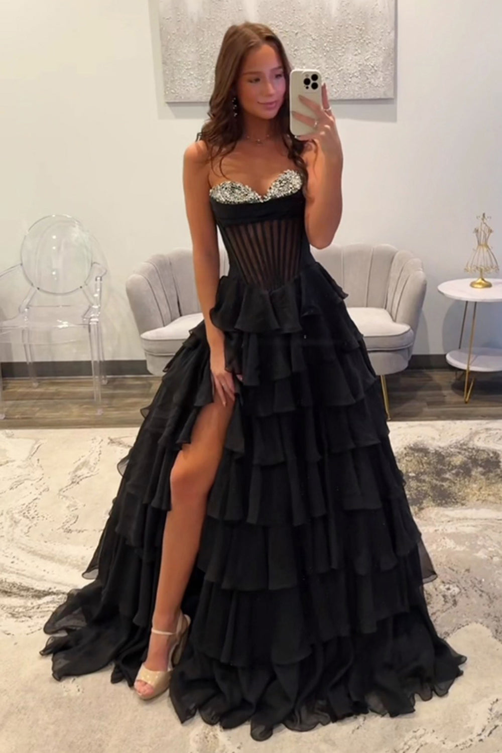 Long Sweetheart Corset Prom Dress in Black with A-Line Tiered Skirt and Slit