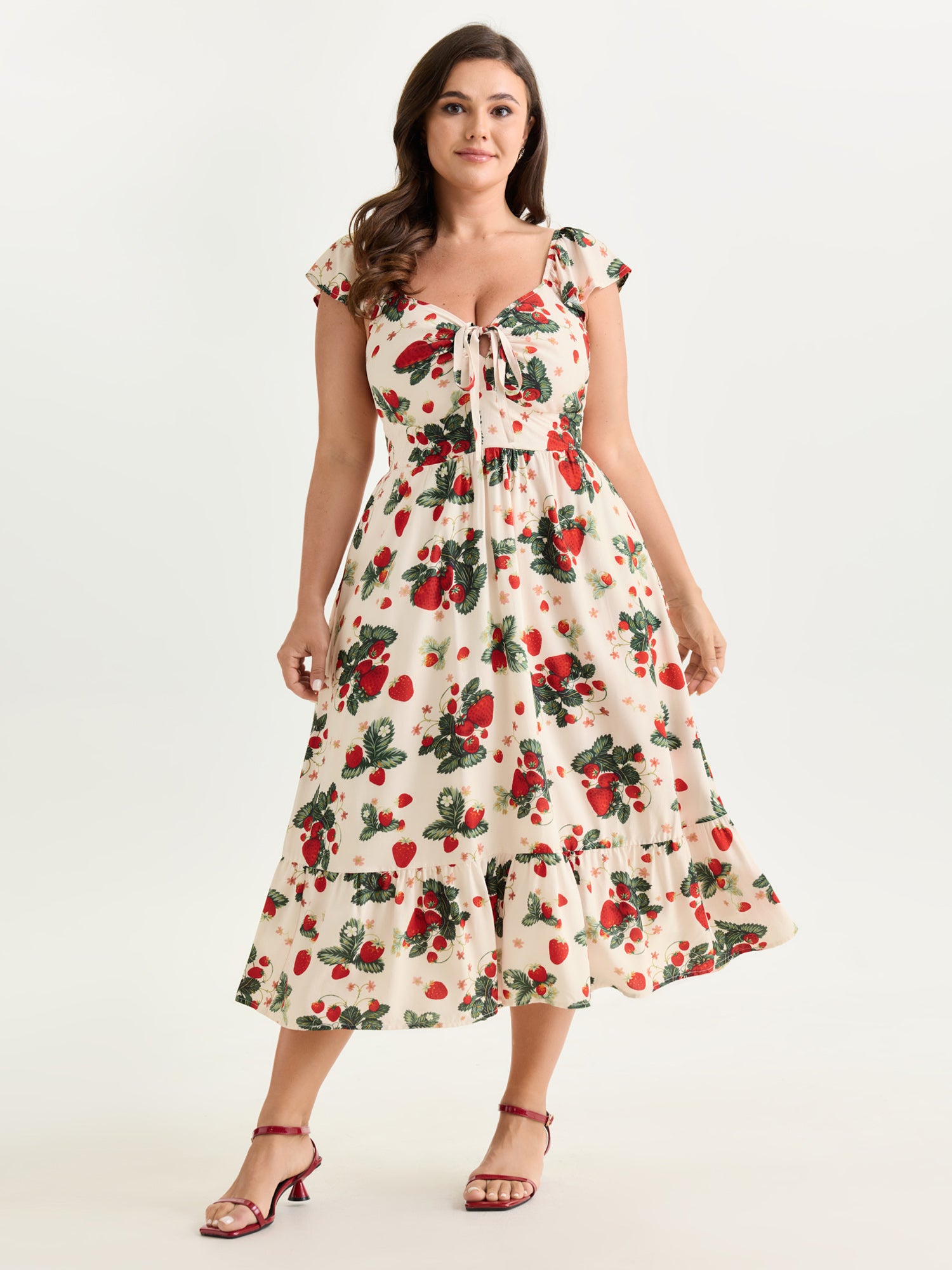 Strawberry Print Ruched Adjustable Bodice Midi Dress