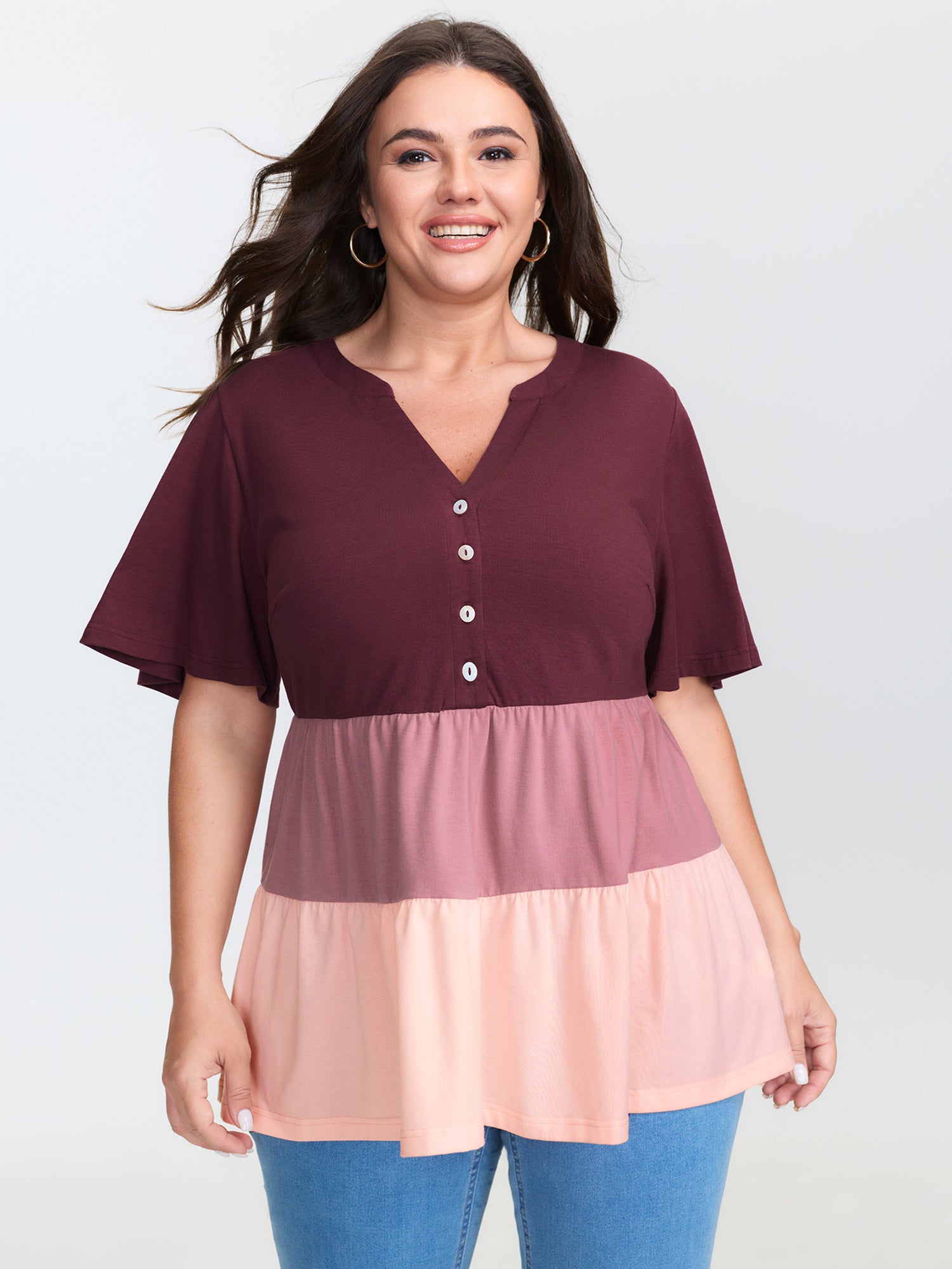Colorblock Notched Collar Tiered T-Shirt