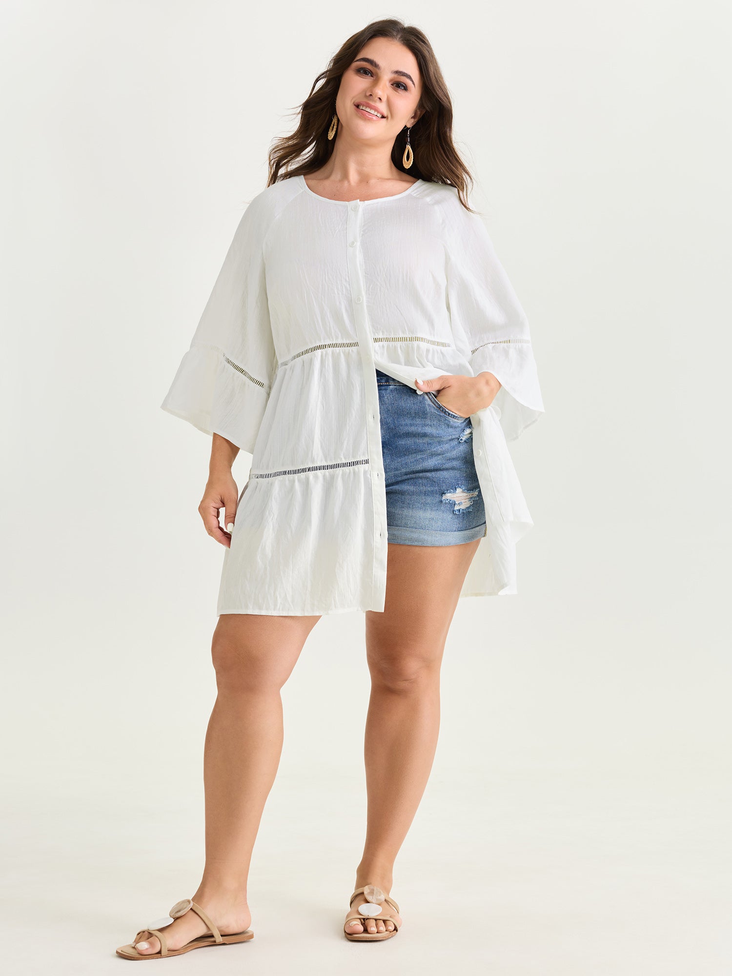 Supersoft Lace Trim Tiered Plain Open-Front Shirt