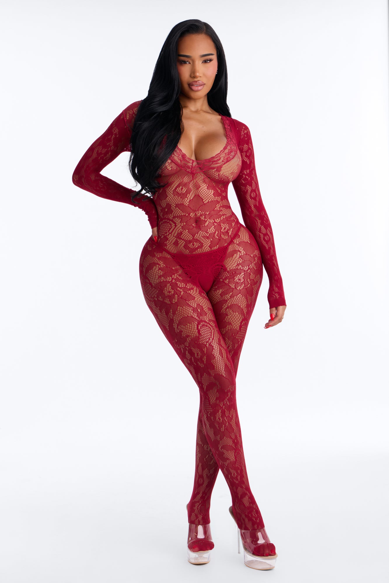 Feel The Fire Crotchless Bodystocking - Red