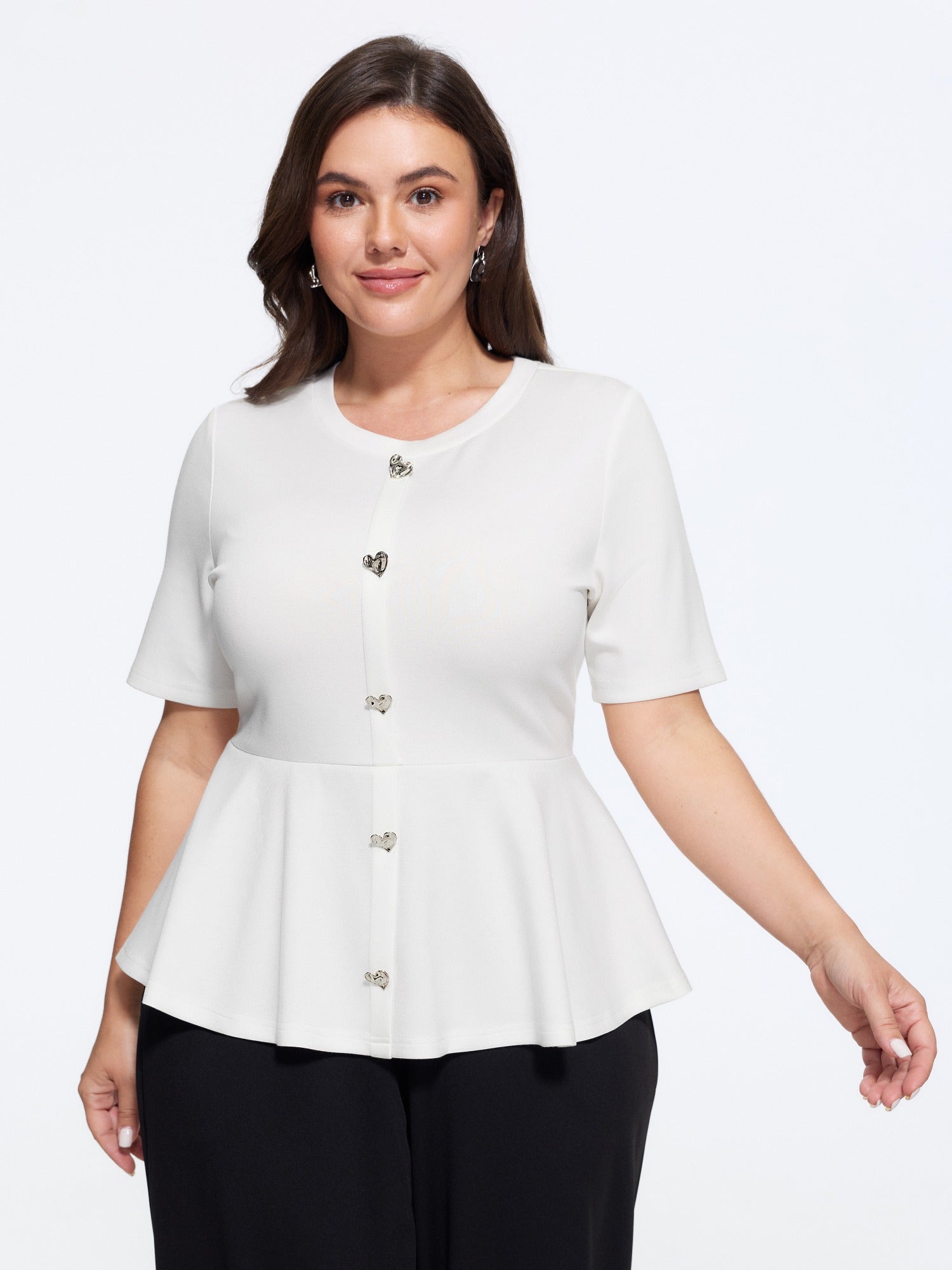 Stretchy Round Neck Heart‑Shaped Button Blouse
