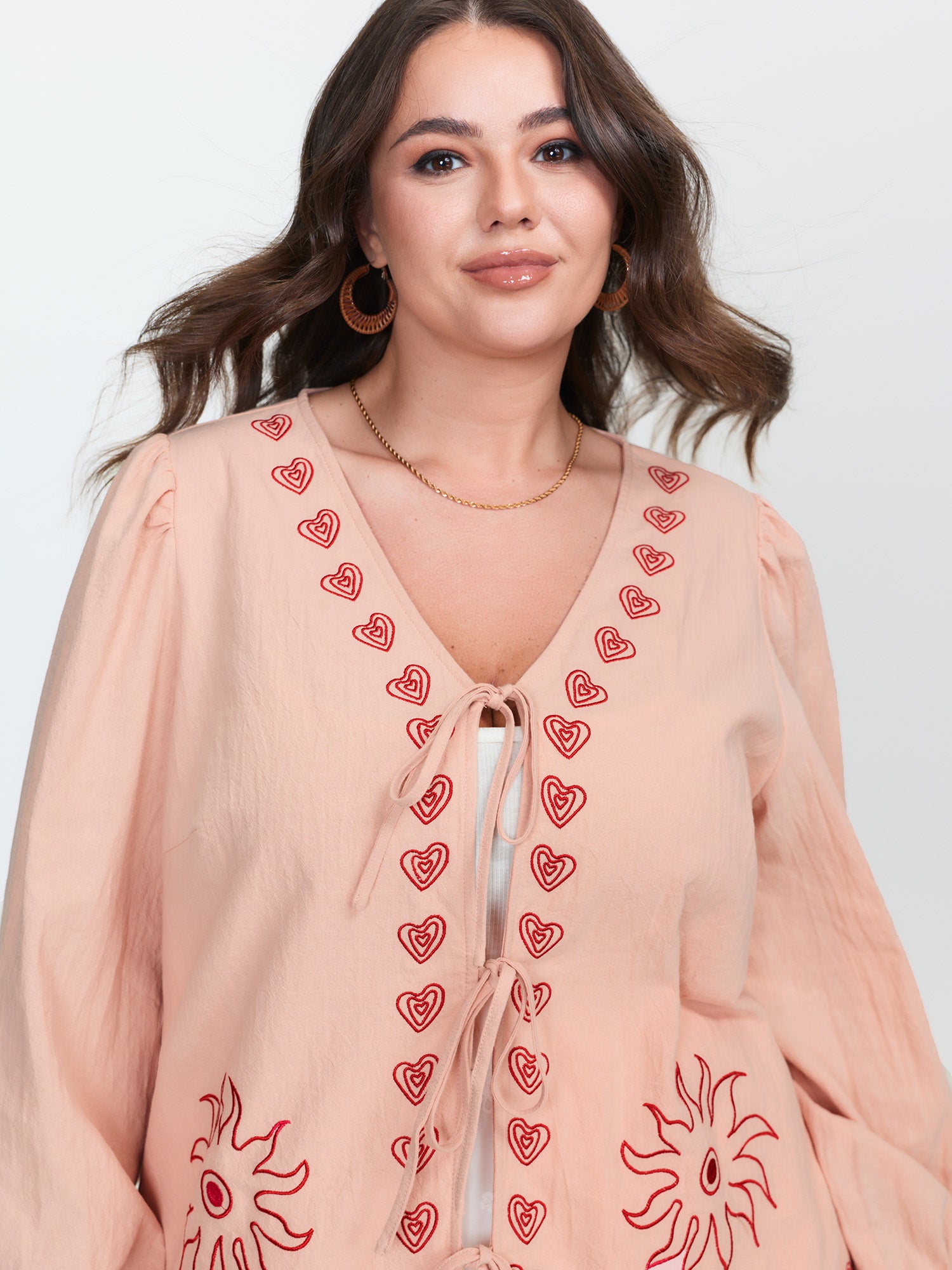 Cotton Floral Embroidered Double-Tie Blouse