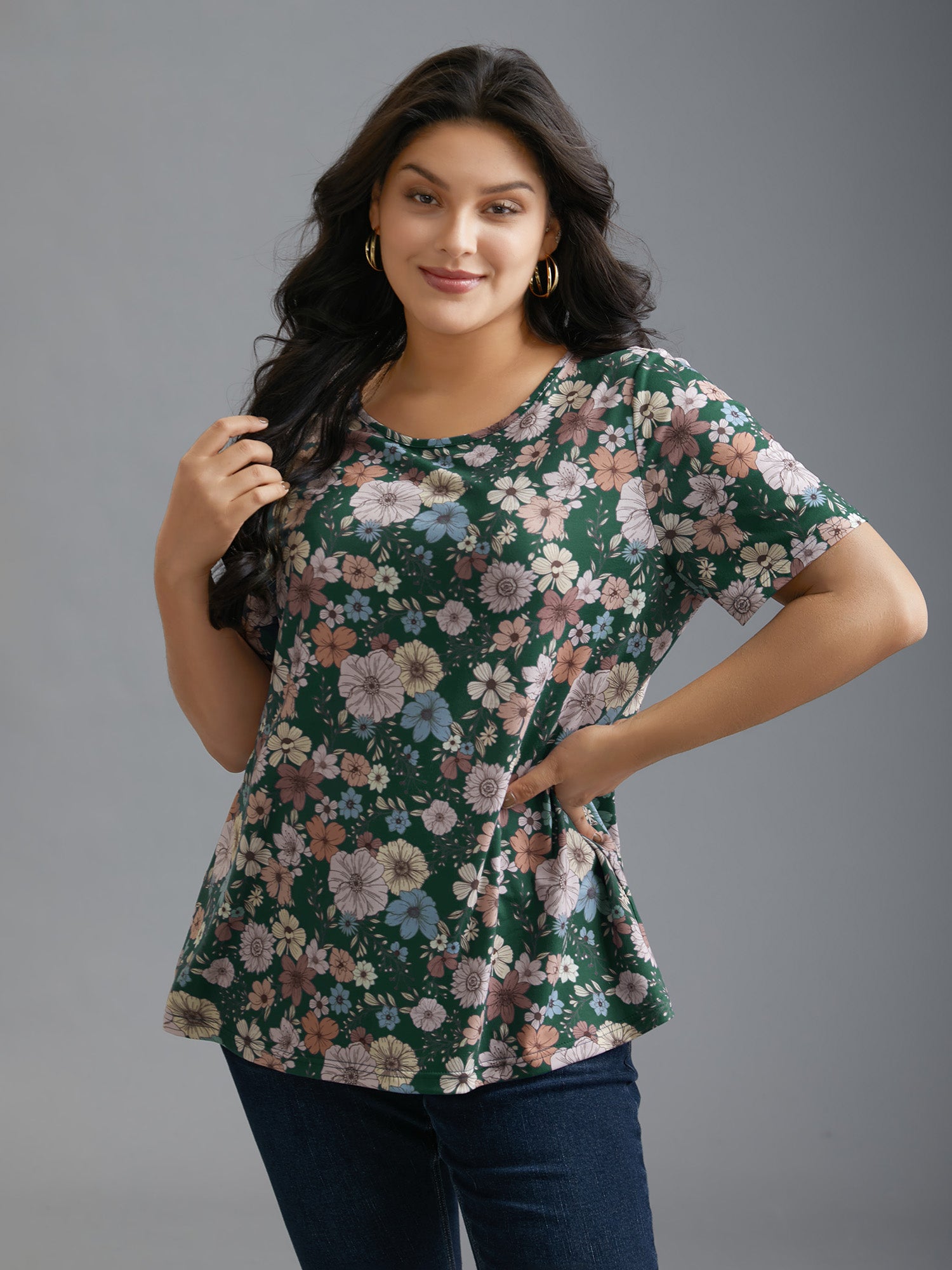 Crew Neck Floral Print Stretchy T-Shirt