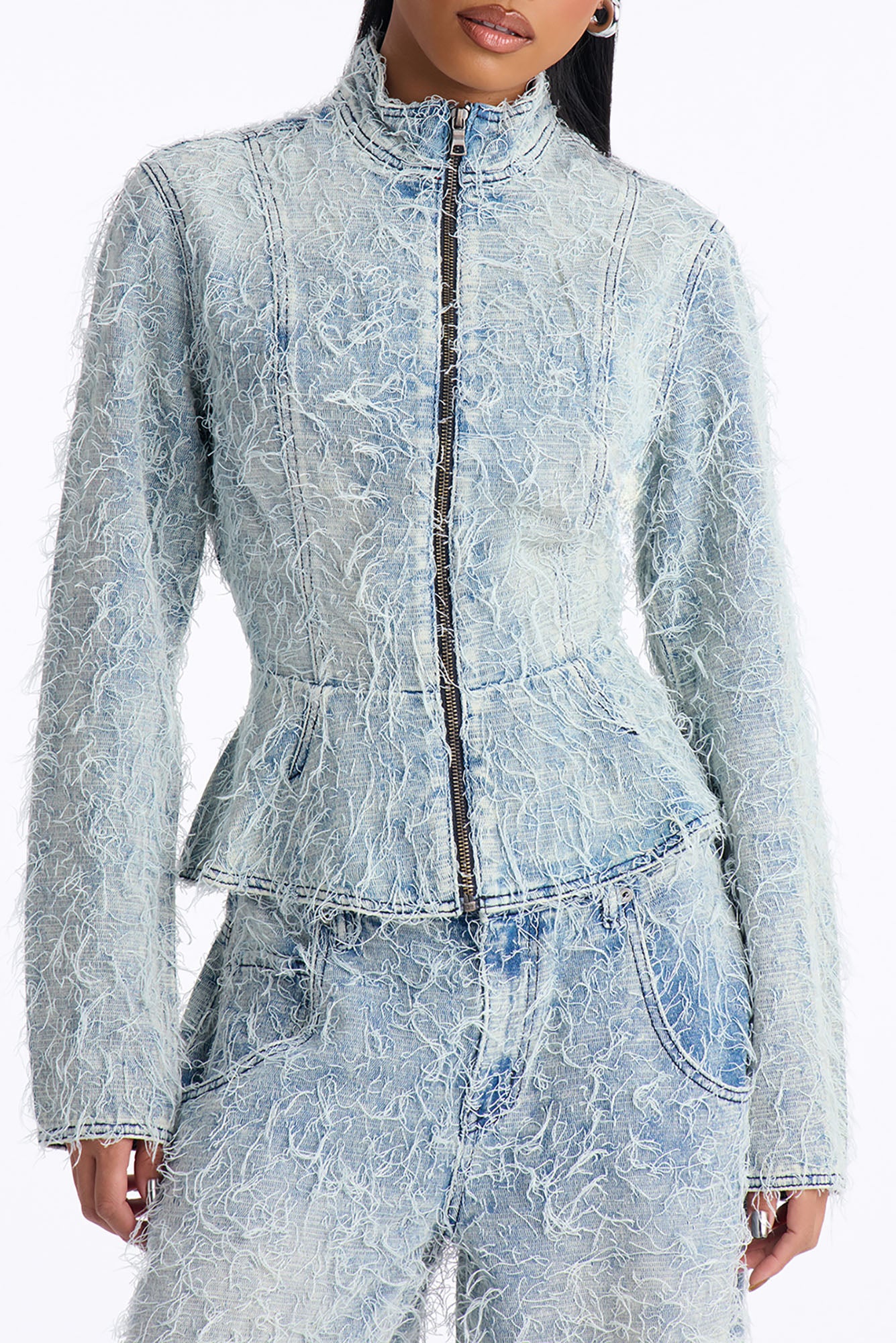 Fiammetta Textured Zip Up Denim Jacket - Light Wash
