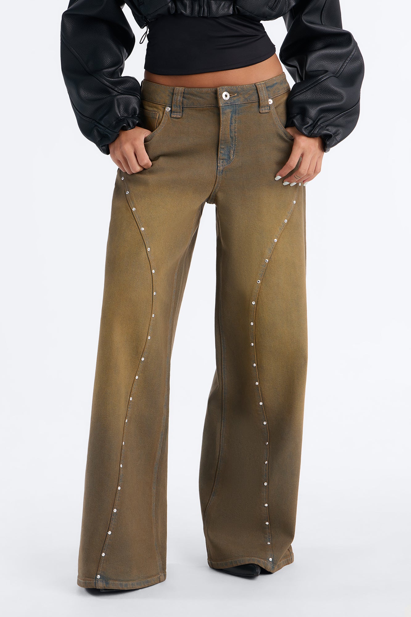 City Line Stud Embellished Wide Leg Jeans - Olive