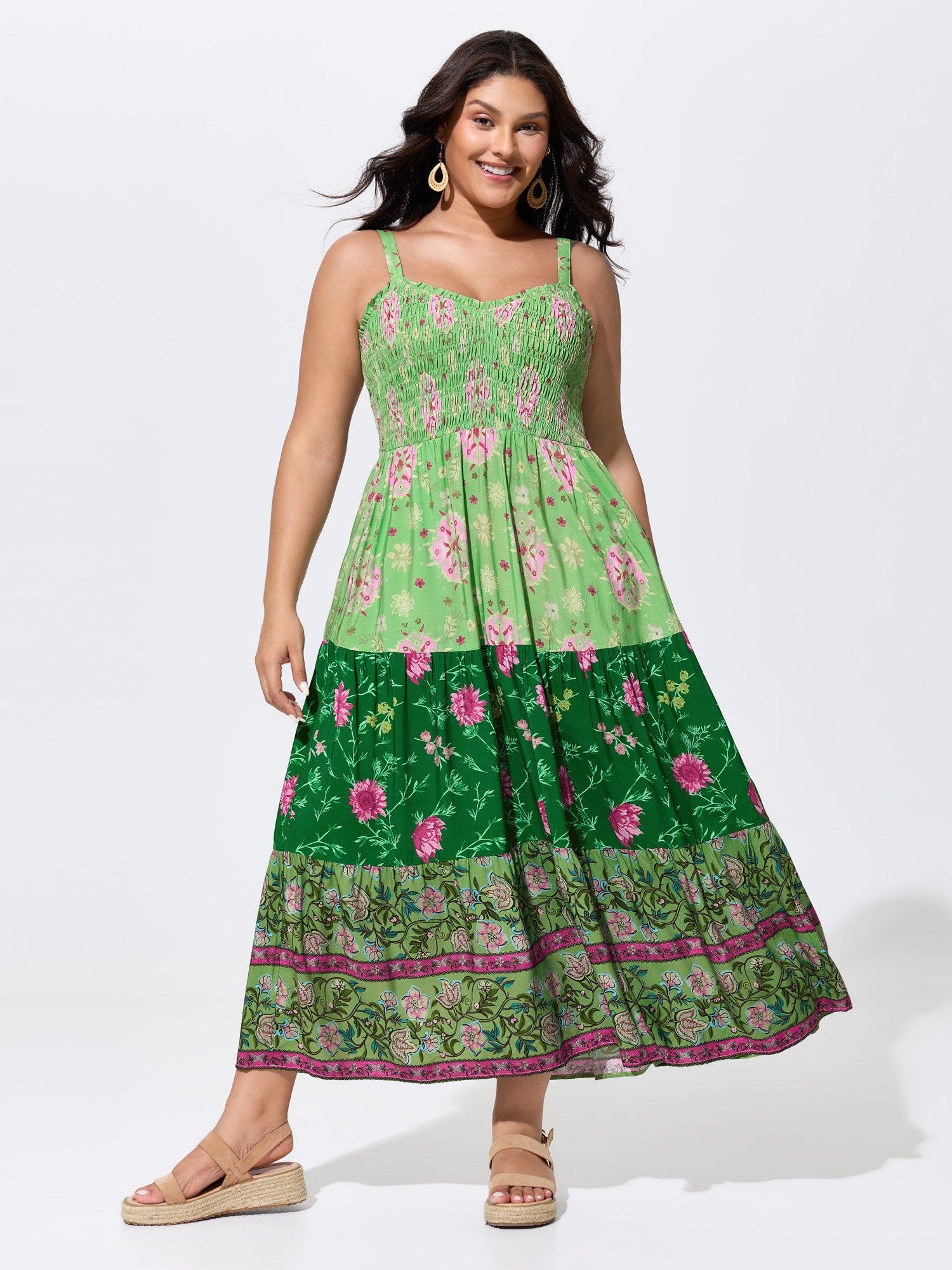 Floral Color Contrast Tiered Maxi Dress