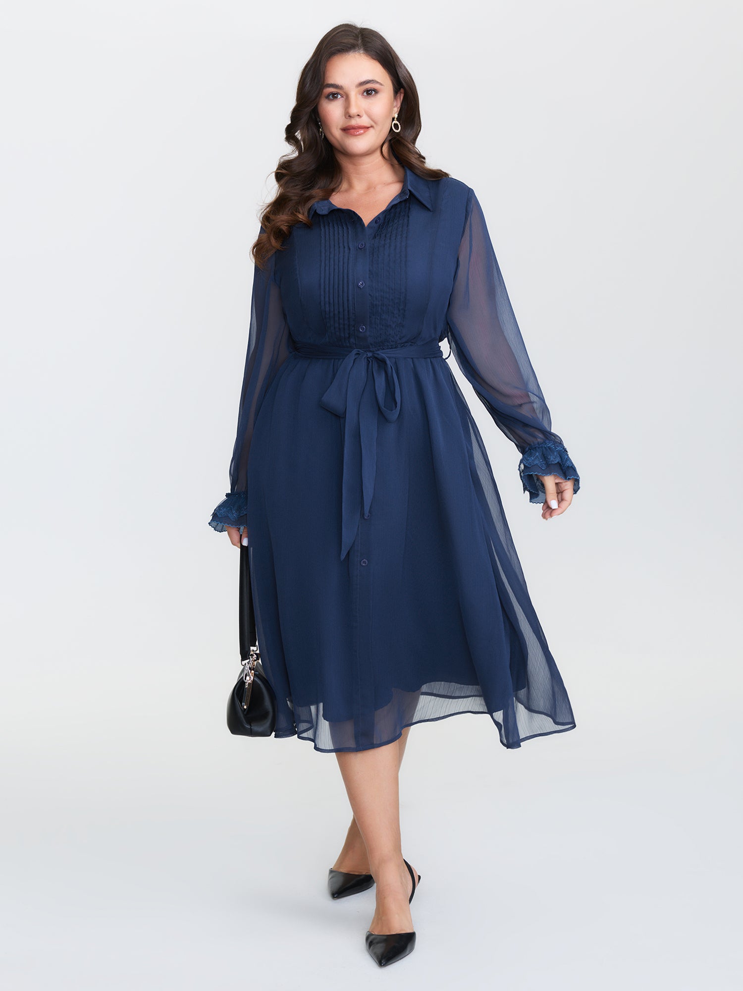 Sheer Lace Trim Belted Midi Dress