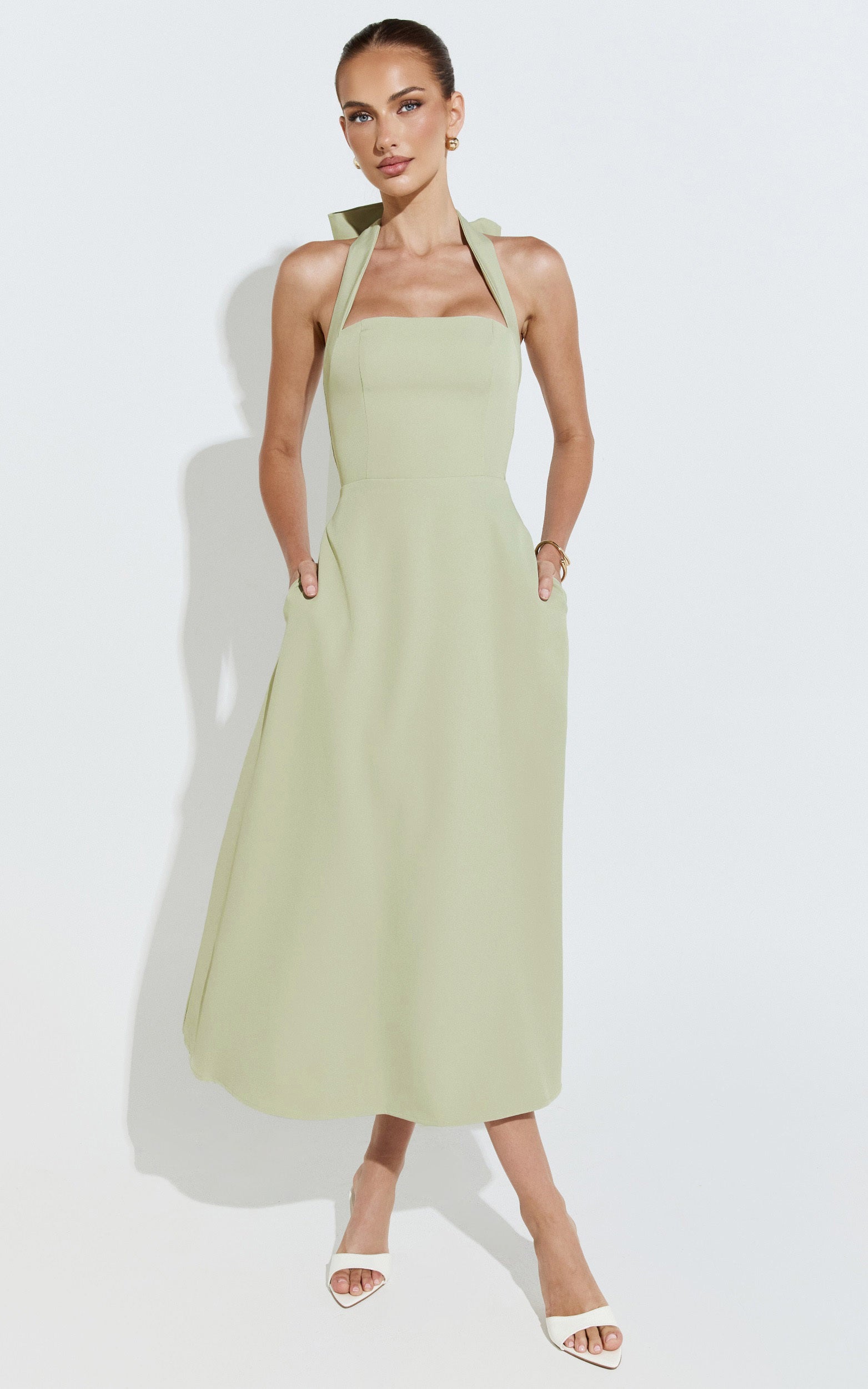 Karissa Midi Dress - Halter Neck Fit and Flare Midi Dress in Pistachio