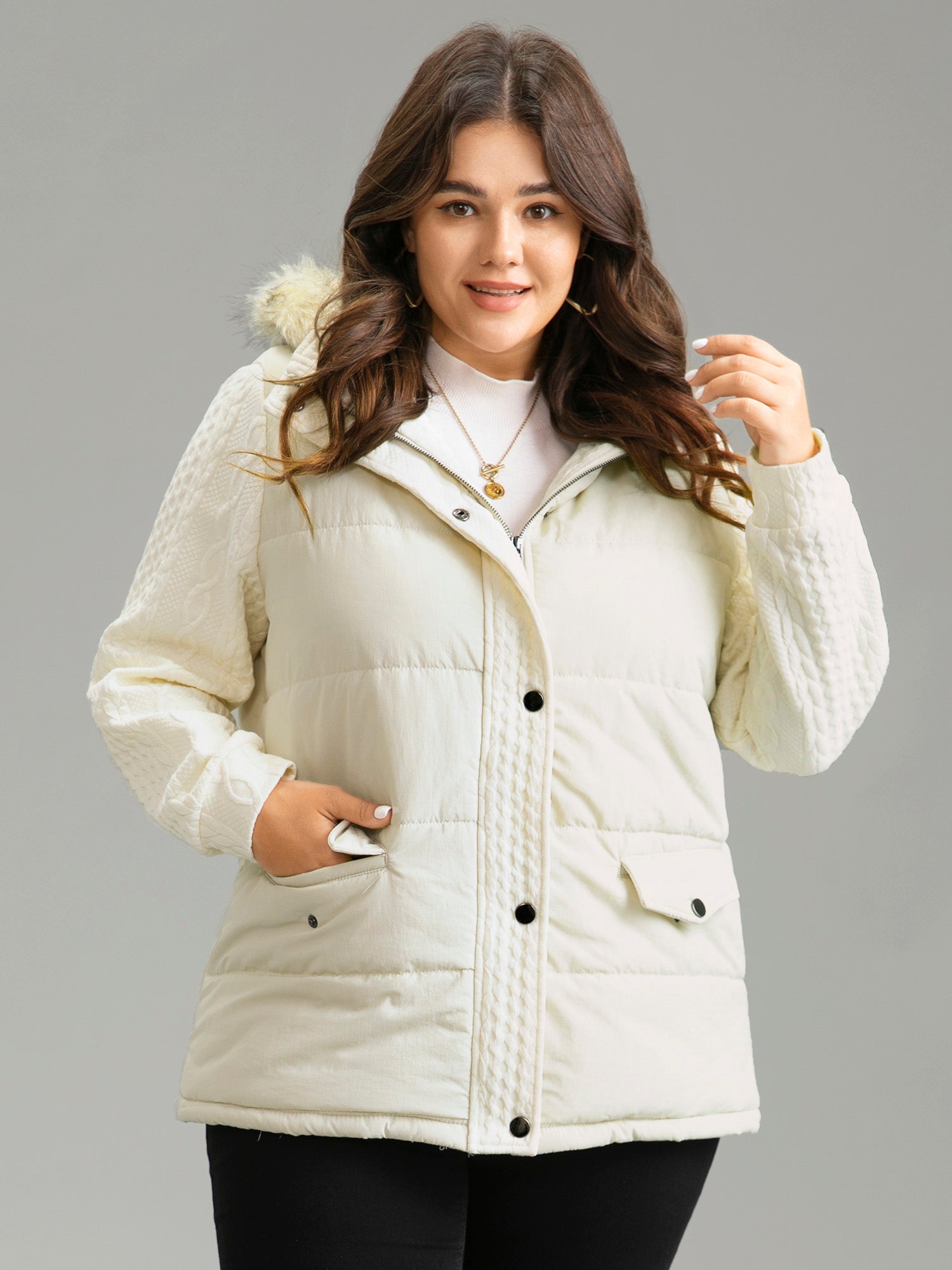 Patchwork Jacquard Fuzzy Trim Hooded Coat