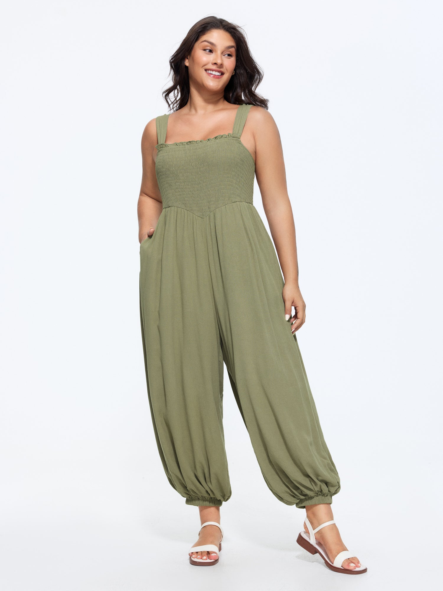 Shirred Bodice Cuffed Hem Jumpsuit