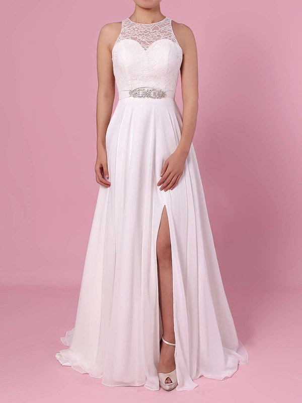 Luxurious A-Line Sleeveless Lace Chiffon Sweep Train Wedding Dresses with Split