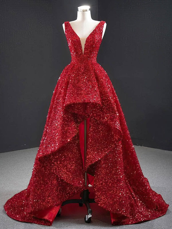Luxurious Red V-Neck Sequined Asymmetrical Wedding Dresses with Cascading Ruffles