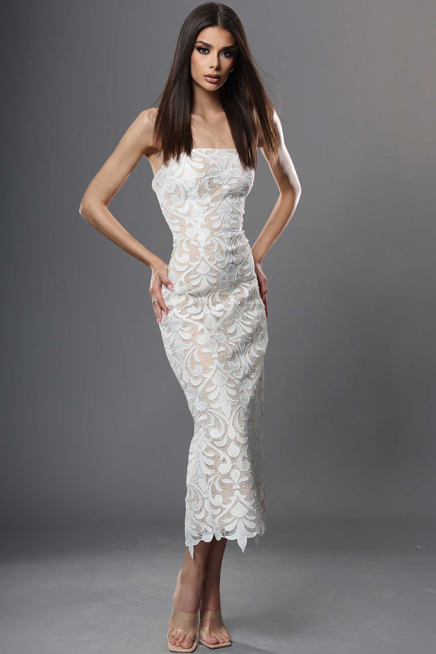 Jovani 48461 Allover Lace Tea-Length Sheath Dress