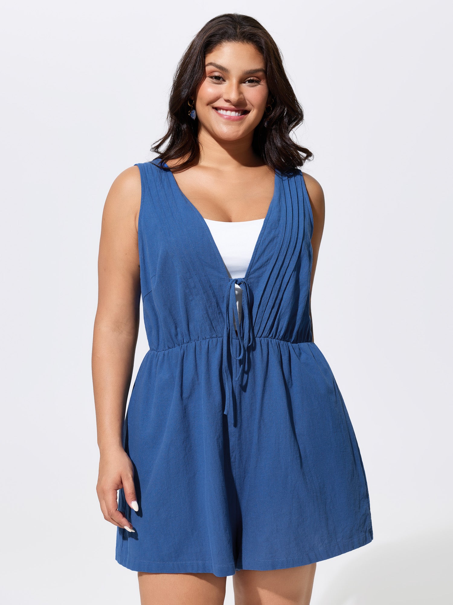 Cotton Pleated Open Back-Ties Plain Romper