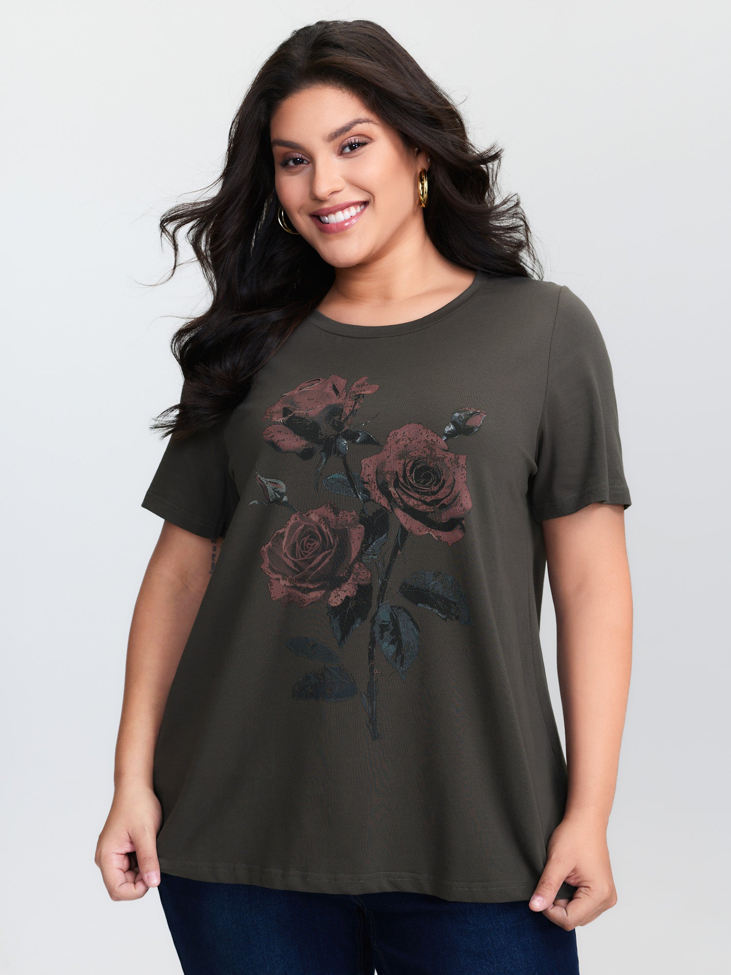 Rose Print Distressed Wash T-Shirt