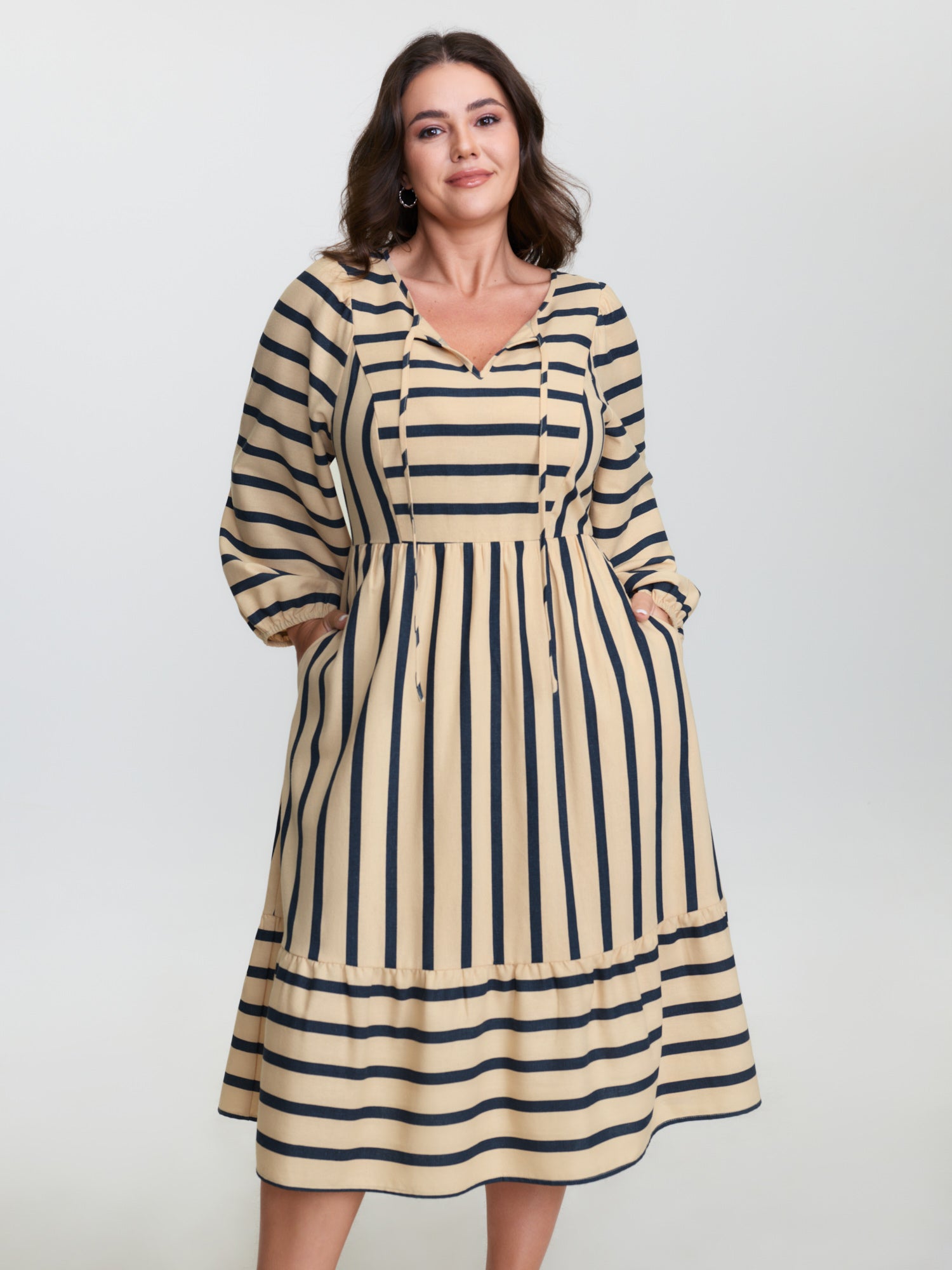 Cotton Linen Asymmetrical Striped Neckline Tie Midi Dress