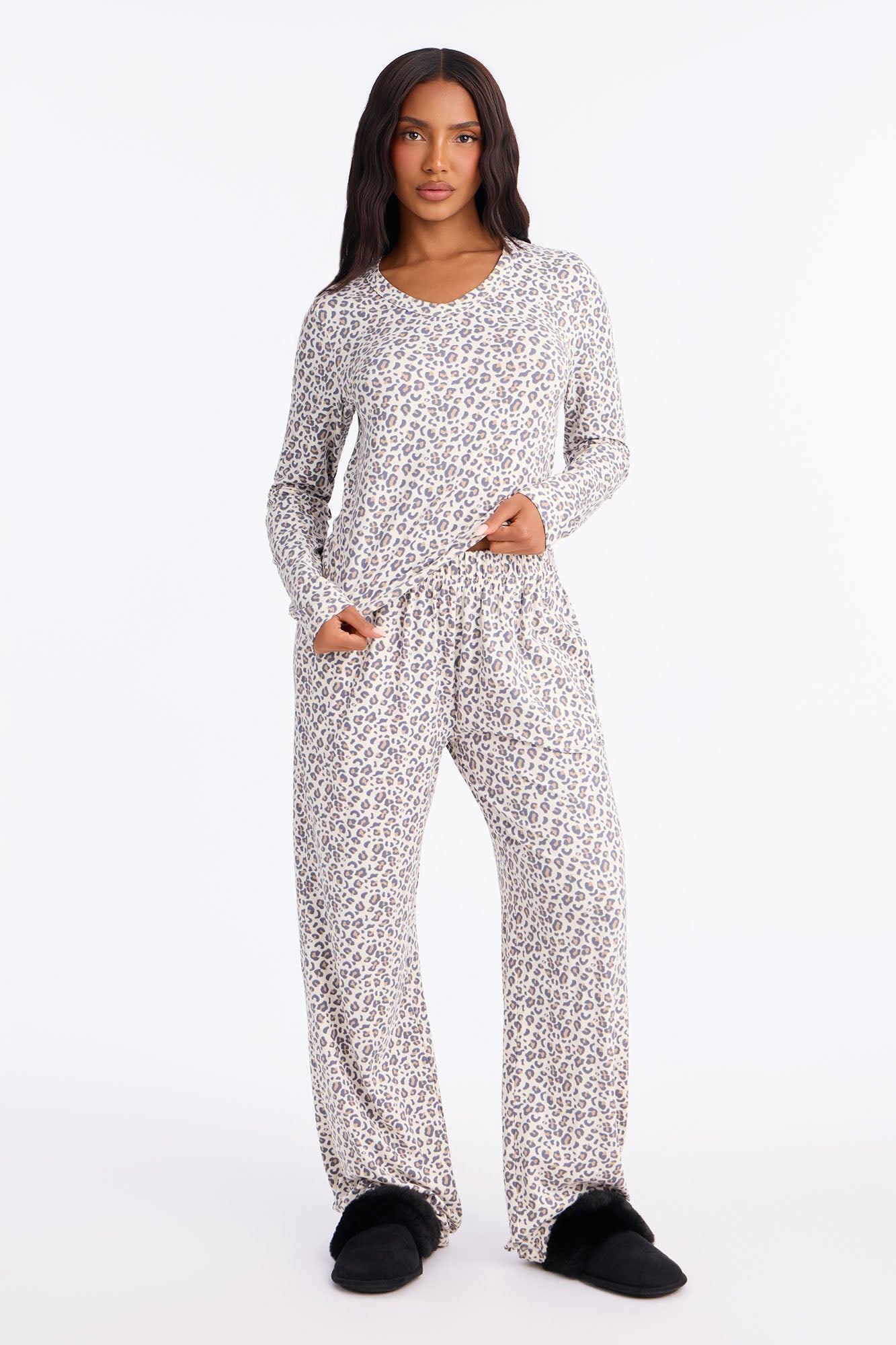 Hitting Snooze Leopard Print PJ Jogger Pant Set - Grey