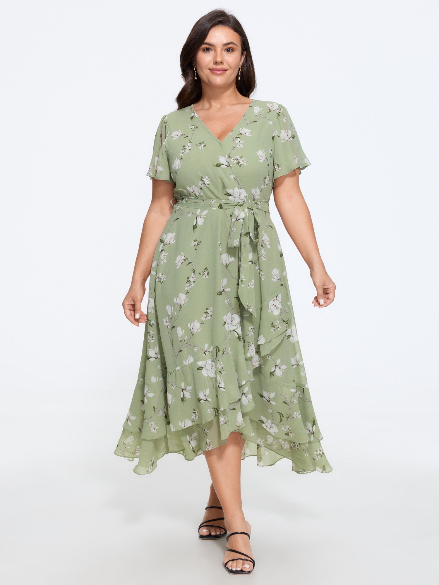Floral Print Ruffle Wrap Tie Midi Dress