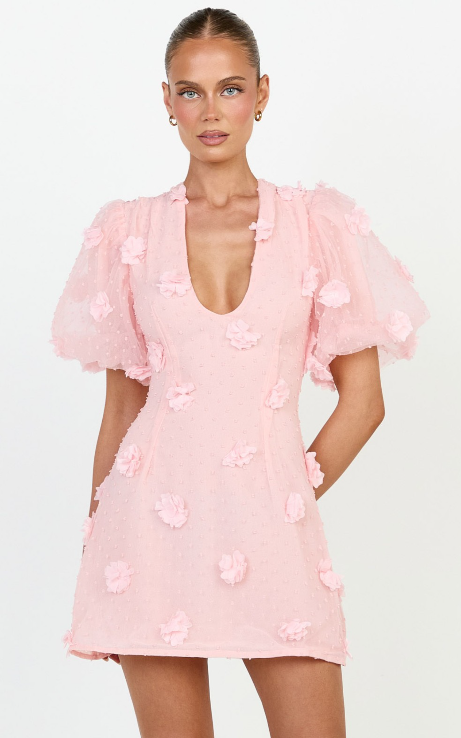 Azalea Mini Dress - Puff Sleeve 3D Floral A Line Dress in Pale Pink
