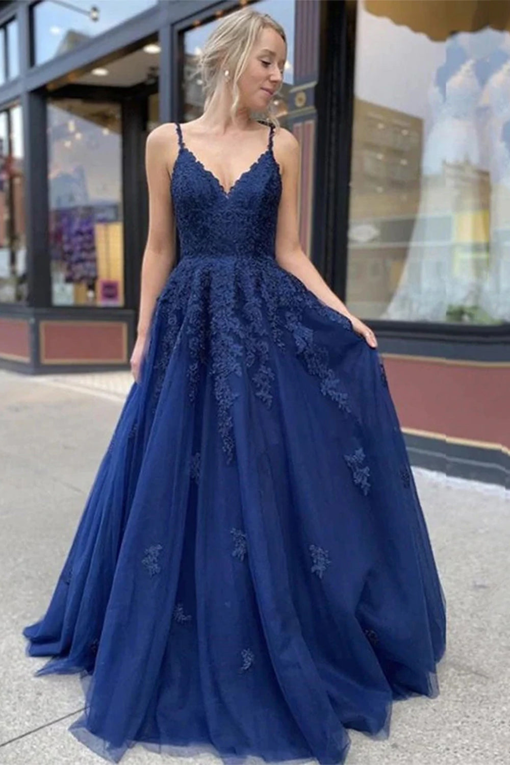 Long Navy Blue Prom Dress with Appliques for Evening