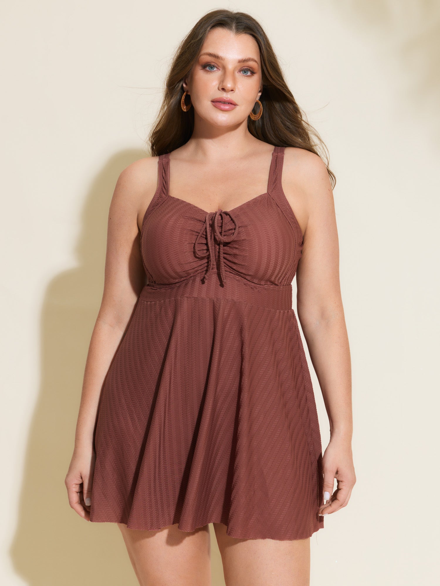 Textured Adjustable Drawstring Bodice Swim Dress