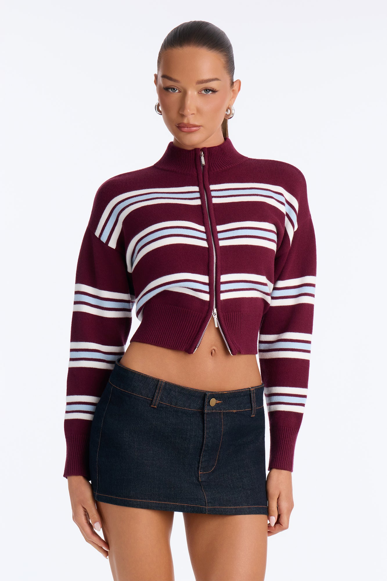 Janette Striped Mock Neck Zip Up Sweater - Burgundy/combo