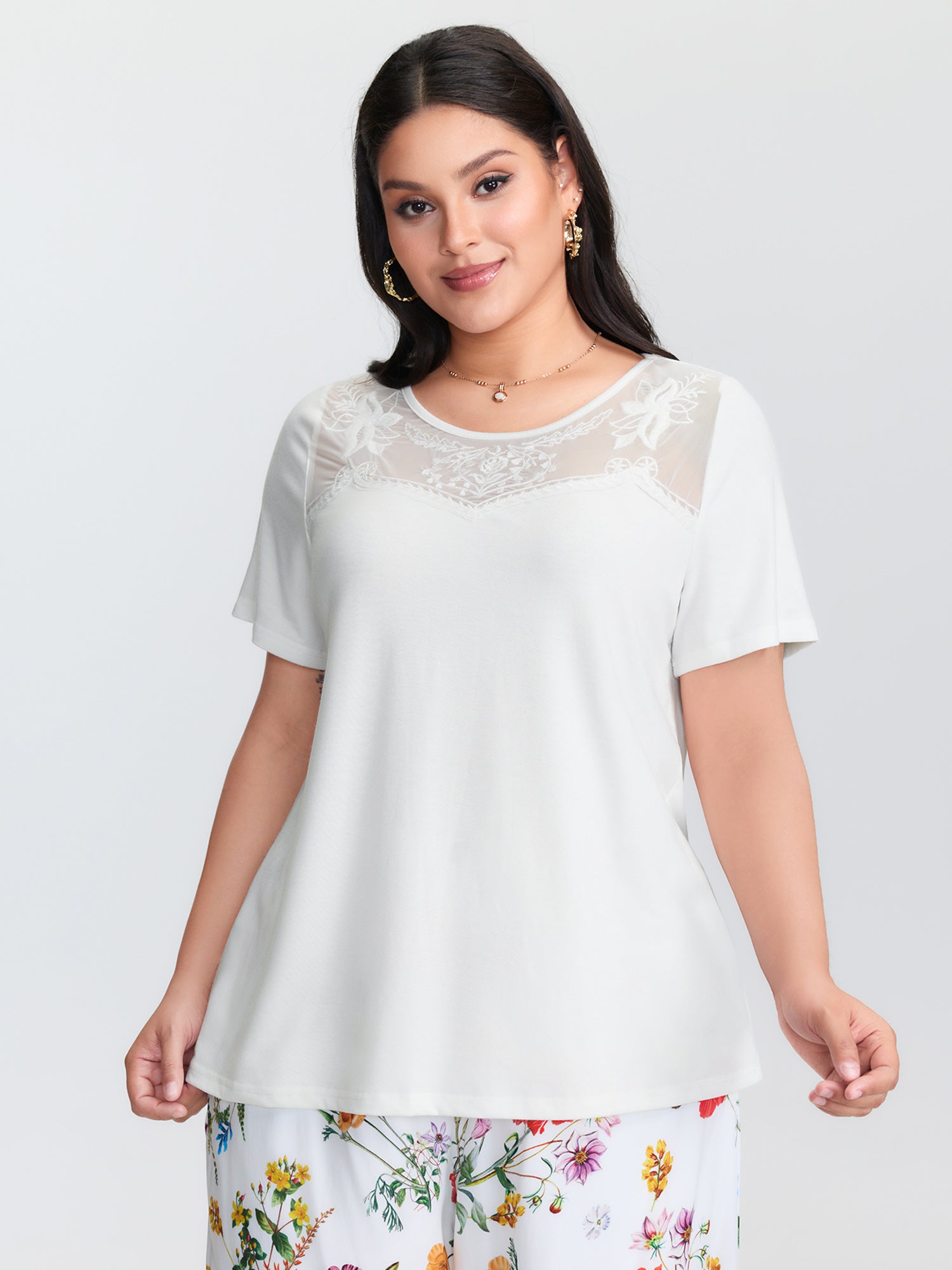 Lace Sheer Neckline Flowy T-Shirt