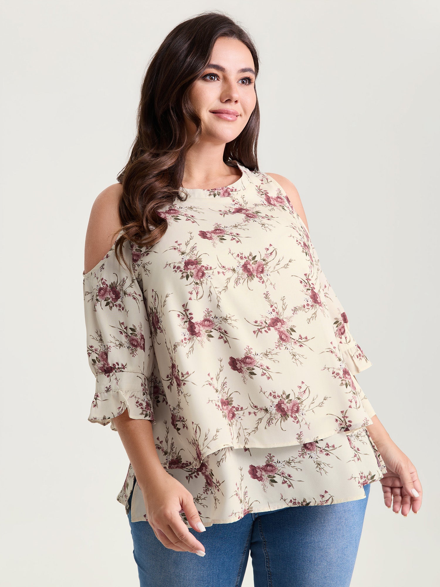 Blooming Floral Layered Hem Cut-Out Shoulder Blouse