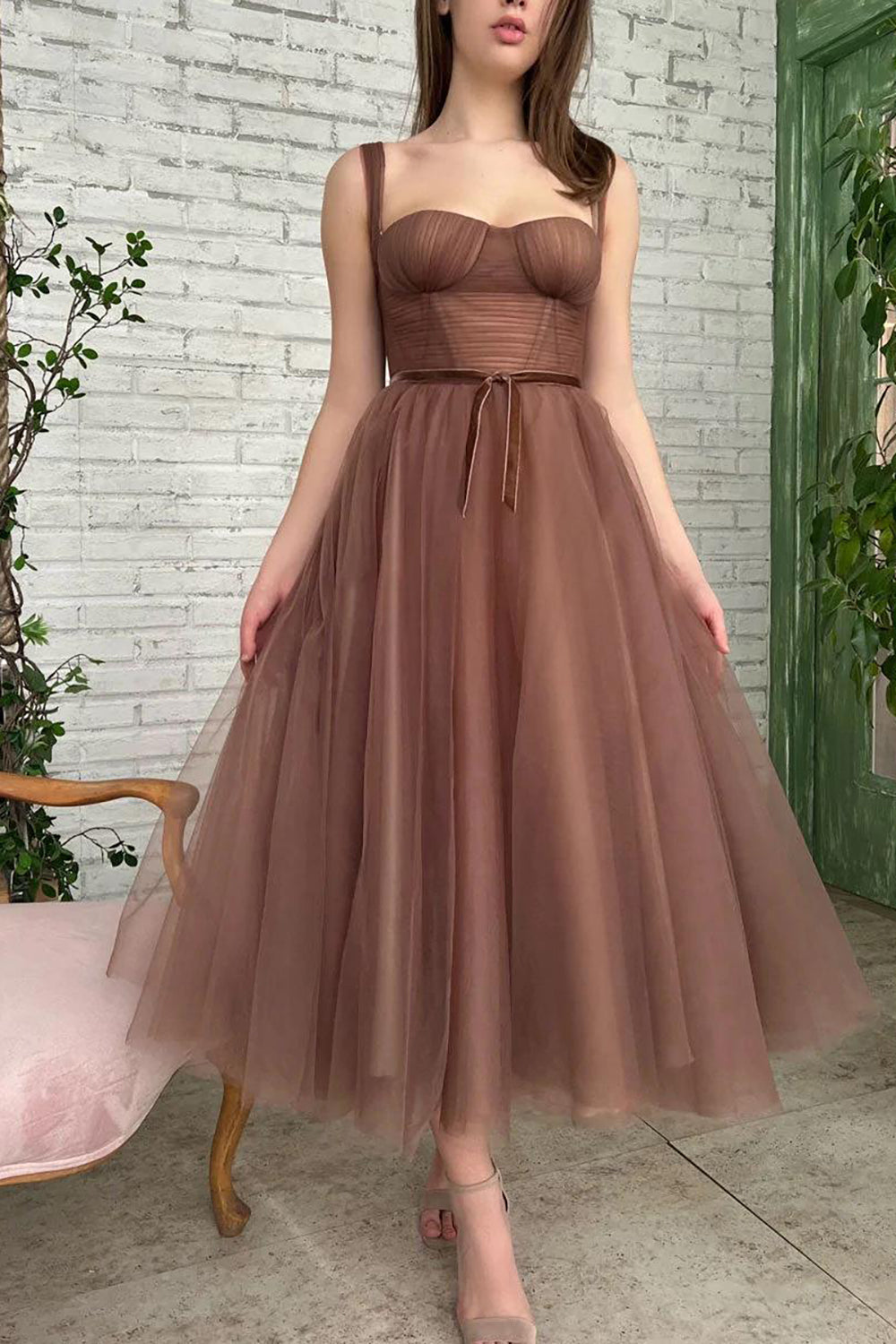 Holiday Party Dress in Brown with Sweetheart A-Line Princess Cut