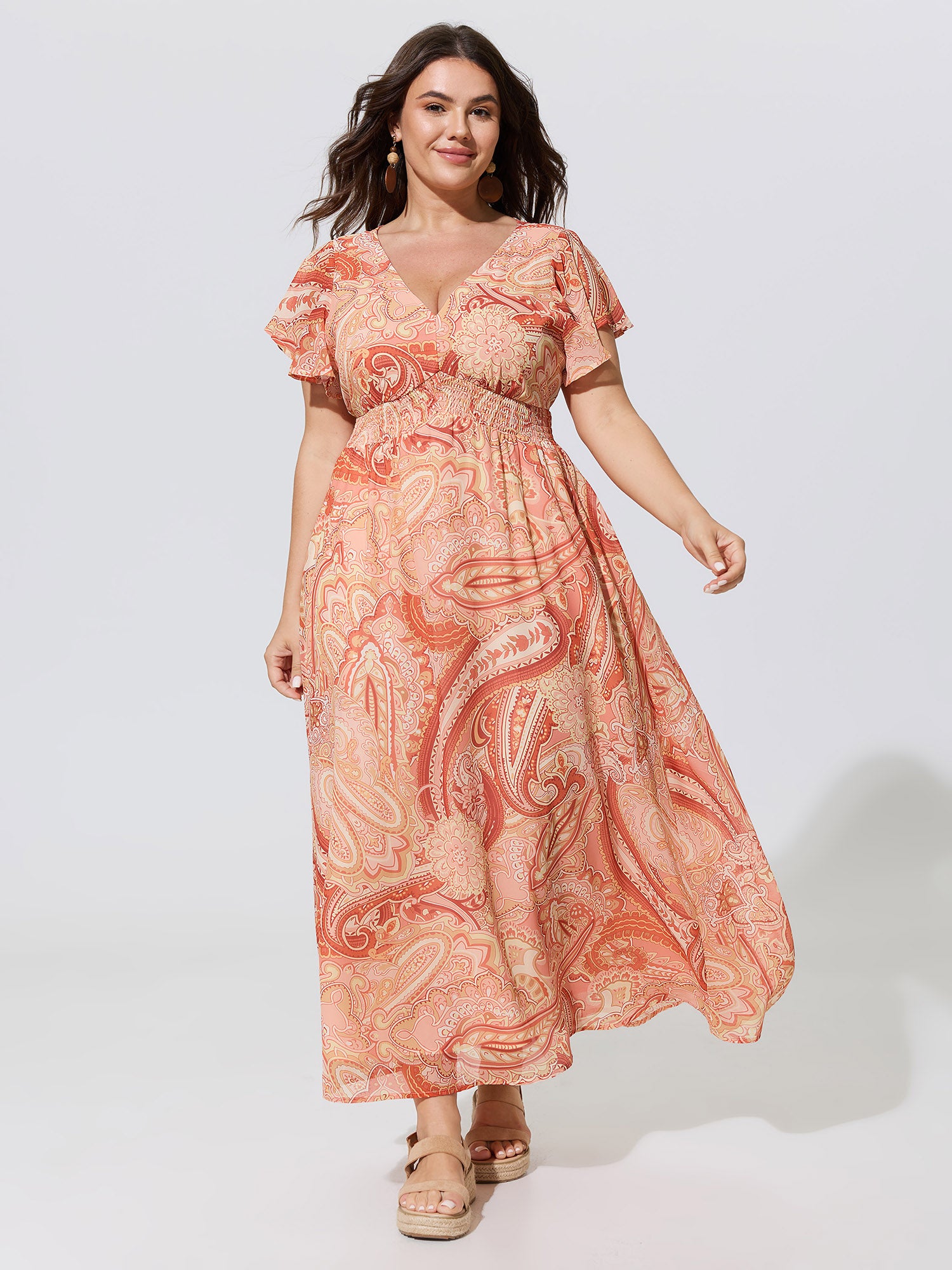Paisley Print Shirred Waist Maxi Dress